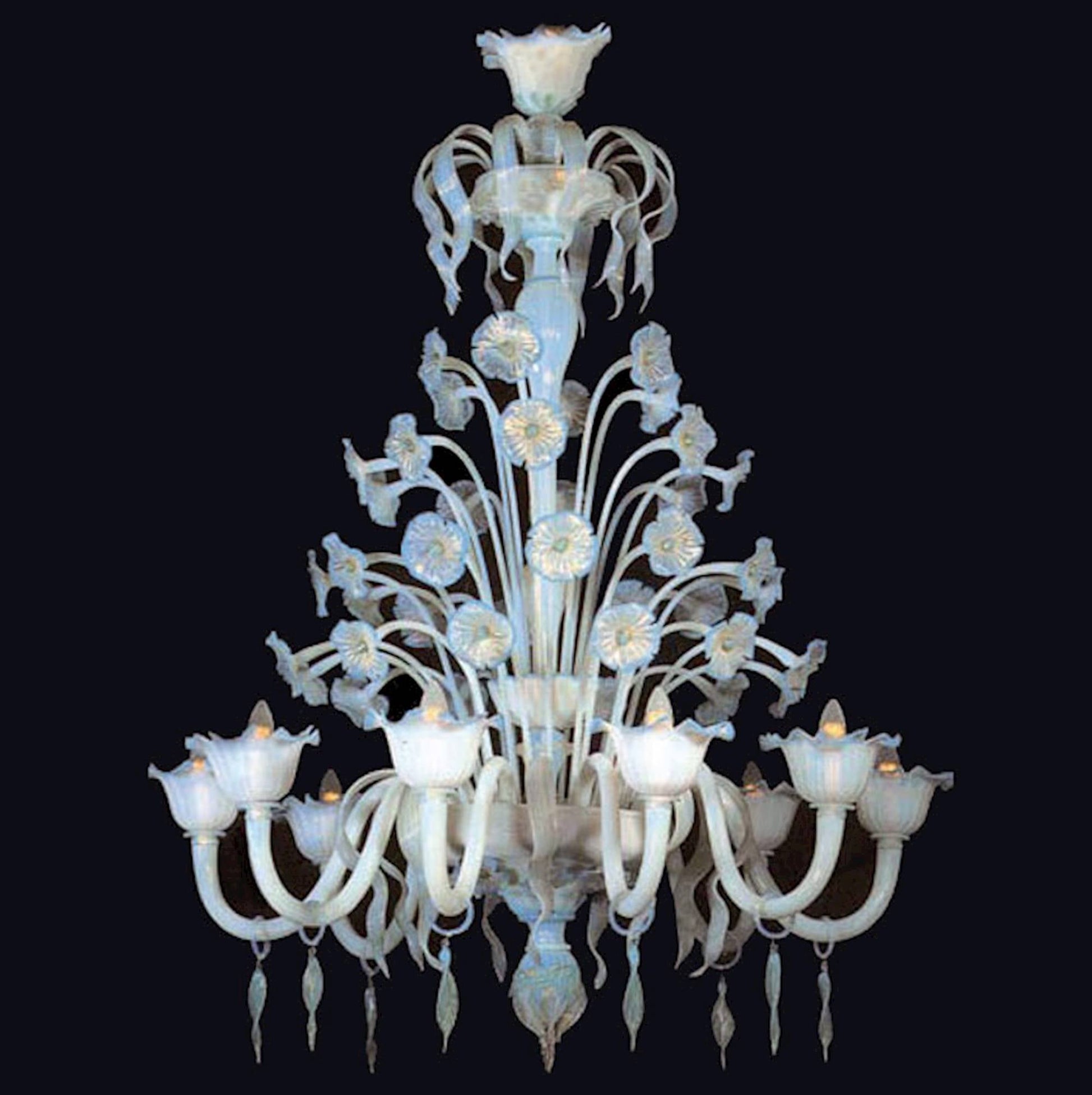Vetreria Artistica Rosa Dekster 6-Lights Opaline and Sky Blue Color With Gold Details Glass Chandelier