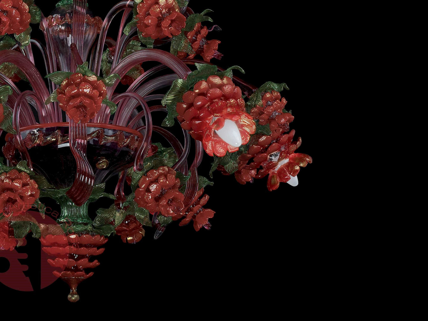 Vetreria Artistica Rosa Demetra 6-Lights Green and Gold Base With Red and Gold Flower Accent Glass Chandelier