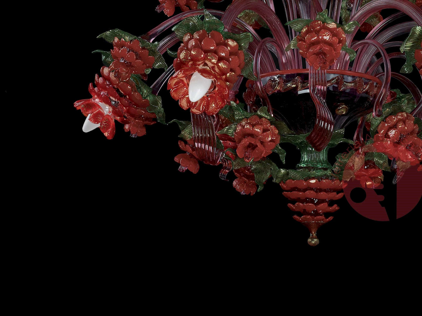 Vetreria Artistica Rosa Demetra 6-Lights Green and Gold Base With Red and Gold Flower Accent Glass Chandelier