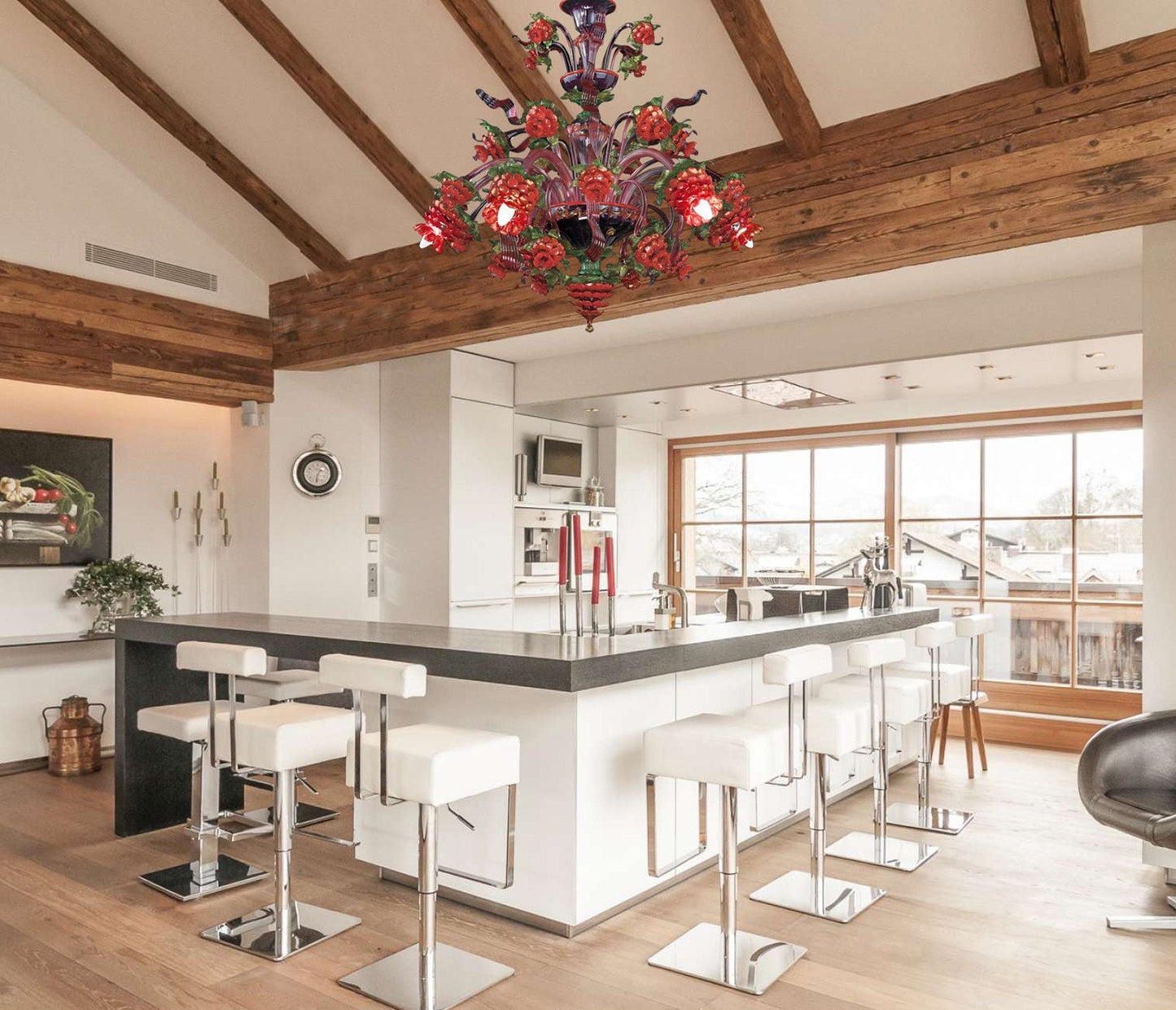 Vetreria Artistica Rosa Demetra 6-Lights Green and Gold Base With Red and Gold Flower Accent Glass Chandelier