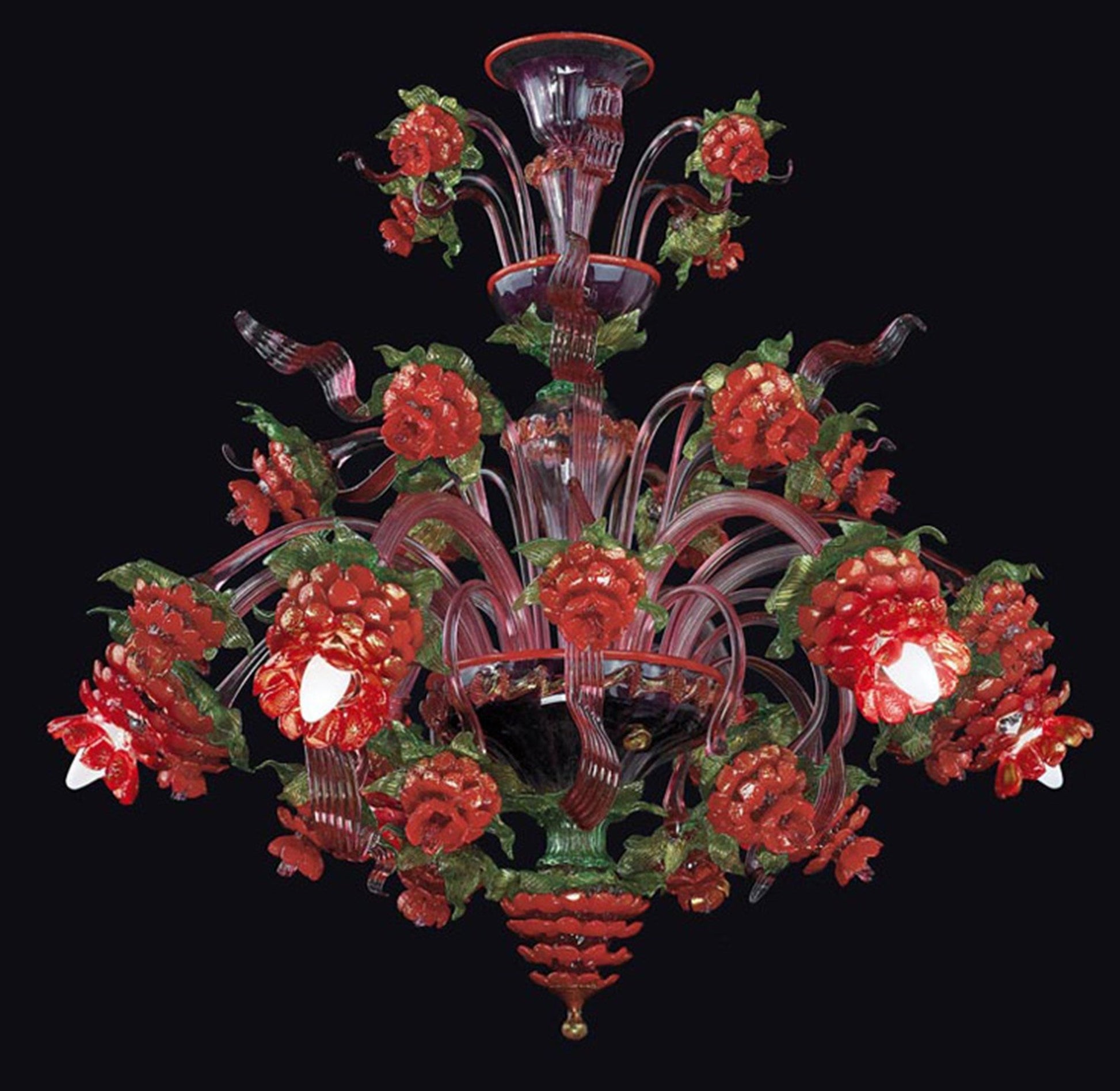 Vetreria Artistica Rosa Demetra 6-Lights Green and Gold Base With Red and Gold Flower Accent Glass Chandelier