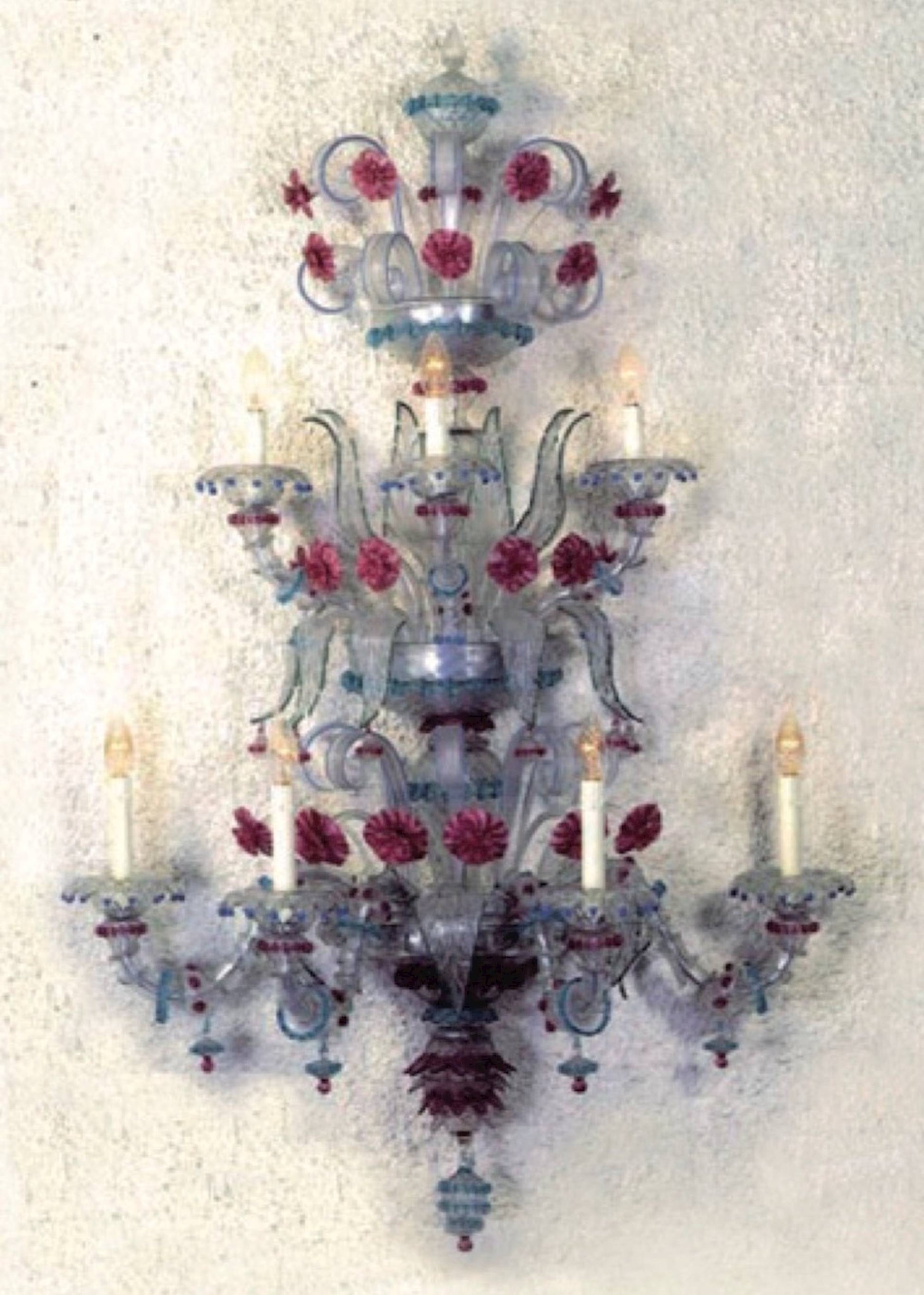 Vetreria Artistica Rosa Doge 7-Lights Crystal Base With Fuchsia-Colored Flowers Glass Chandelier