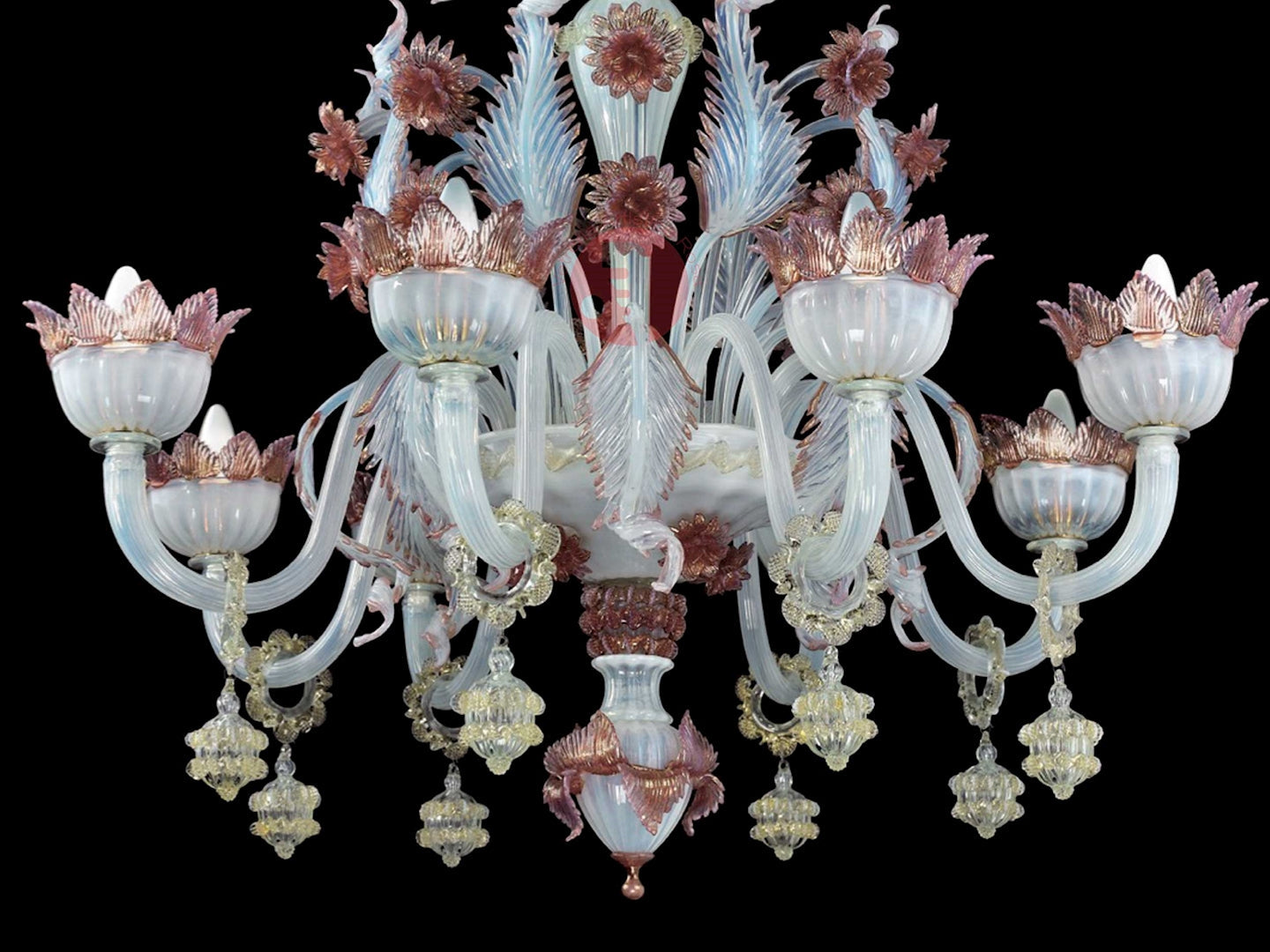 Vetreria Artistica Rosa Ducale 8-Lights Opaline With Pink Base In 24 Carat Gold Glass Chandelier