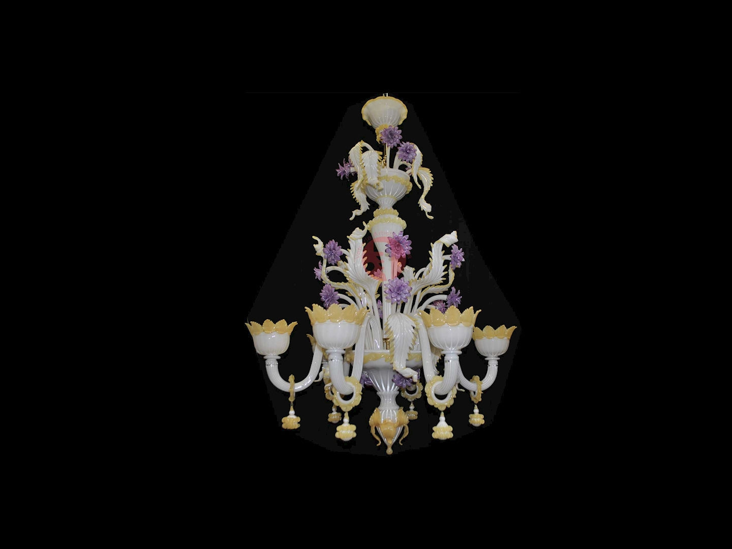 Vetreria Artistica Rosa Ducale 8-Lights Opaline With Pink Base In 24 Carat Gold Glass Chandelier