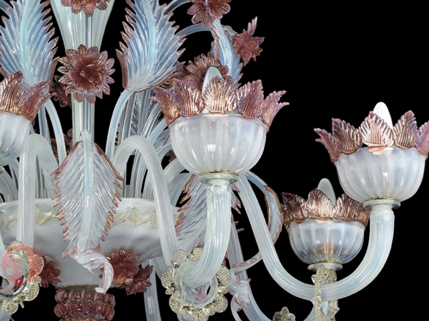 Vetreria Artistica Rosa Ducale 8-Lights Opaline With Pink Base In 24 Carat Gold Glass Chandelier