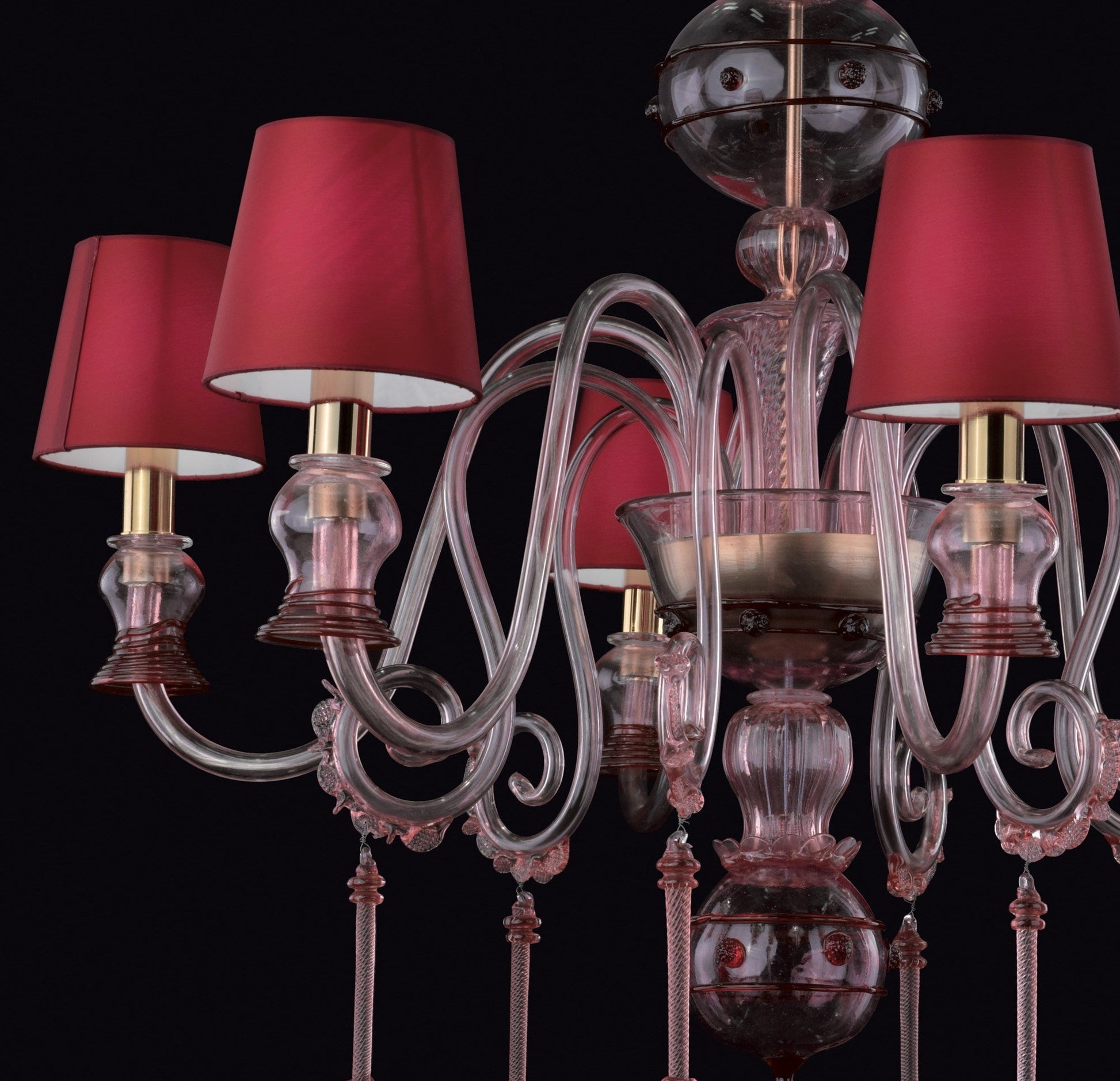 Vetreria Artistica Rosa Duomo 6-Lights Transparent Ruby Pink Base With Red Tapered Drum Shade Glass Chandelier