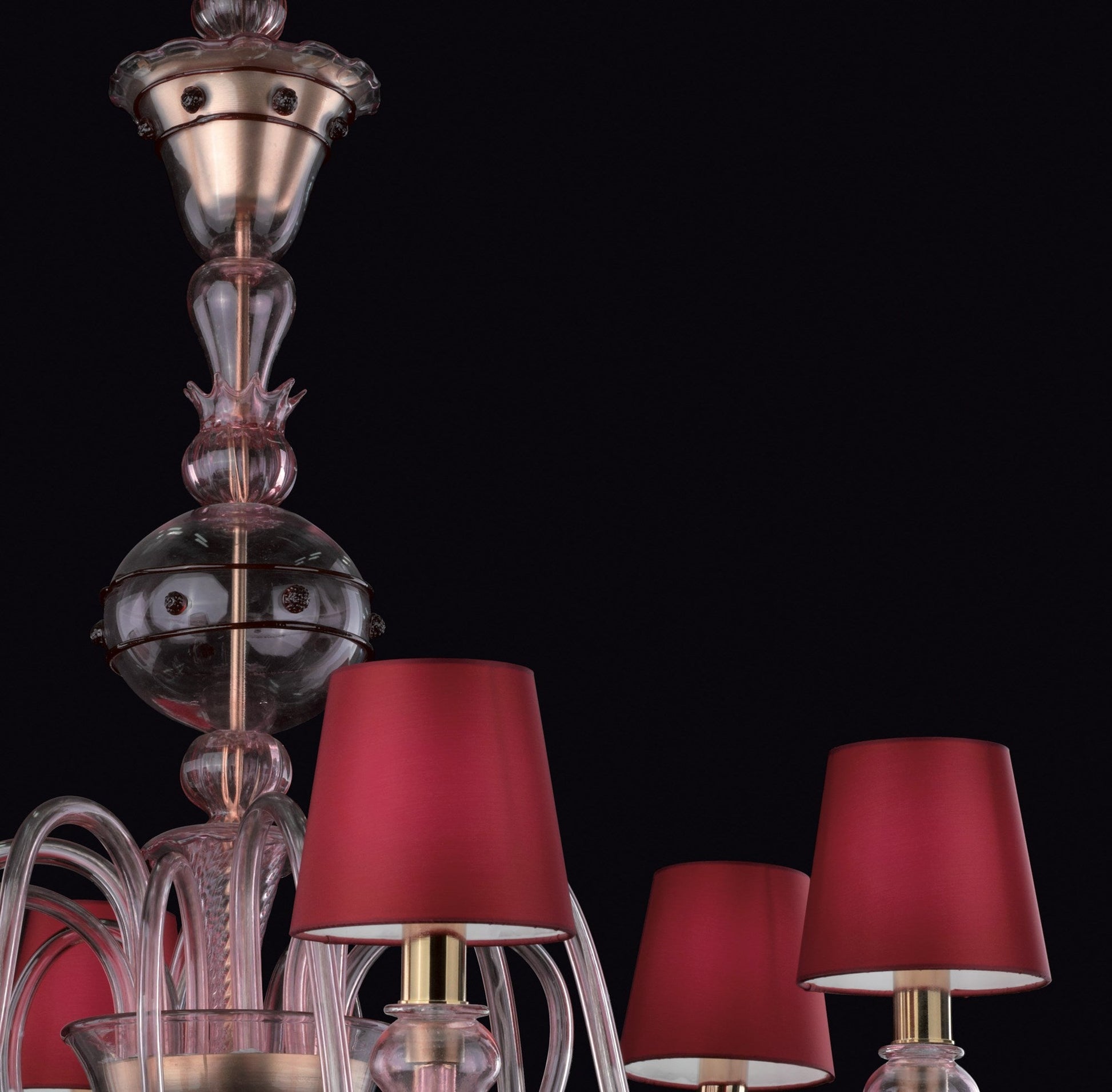 Vetreria Artistica Rosa Duomo 6-Lights Transparent Ruby Pink Base With Red Tapered Drum Shade Glass Chandelier