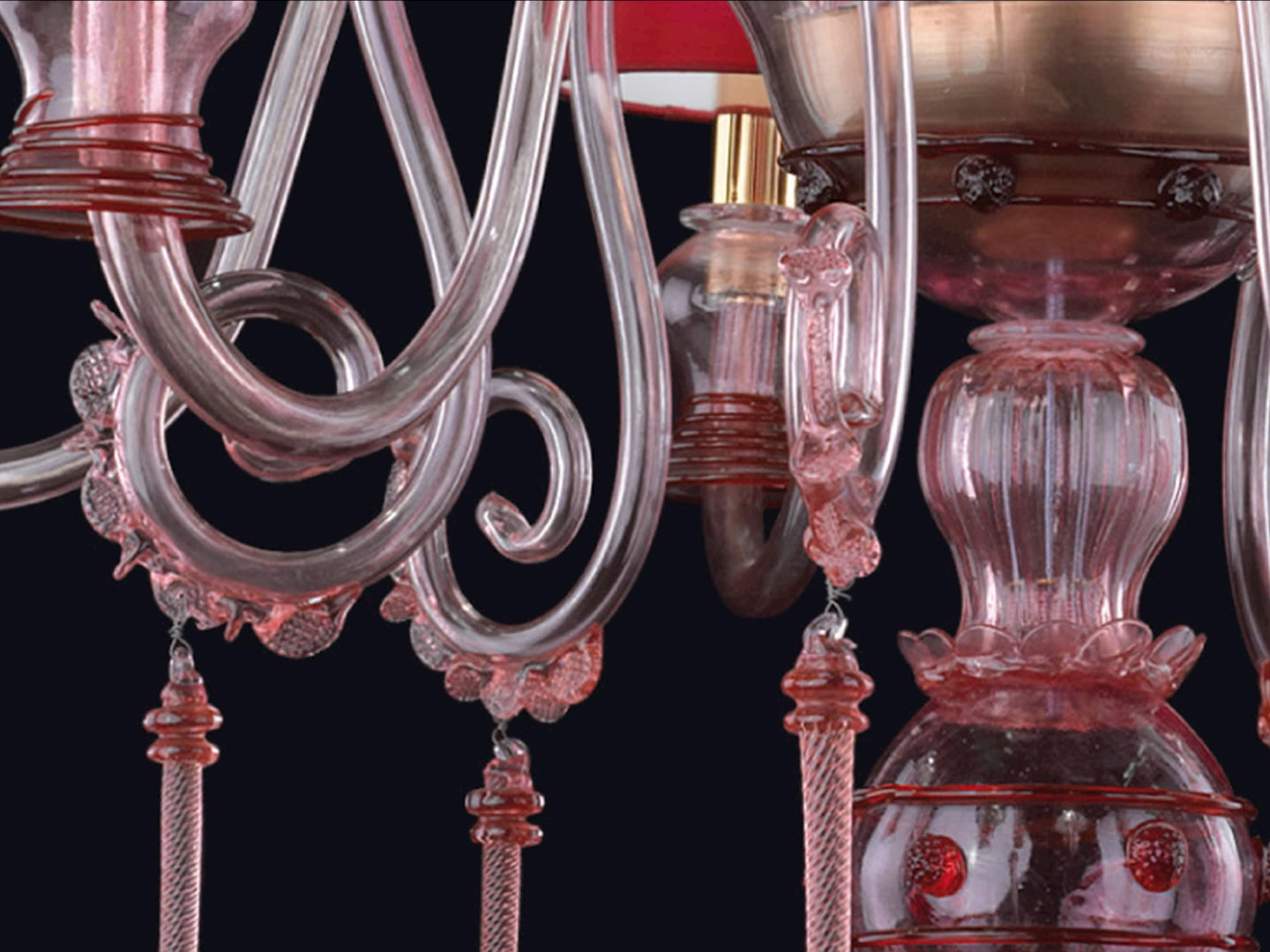 Vetreria Artistica Rosa Duomo 6-Lights Transparent Ruby Pink Base With Red Tapered Drum Shade Glass Chandelier