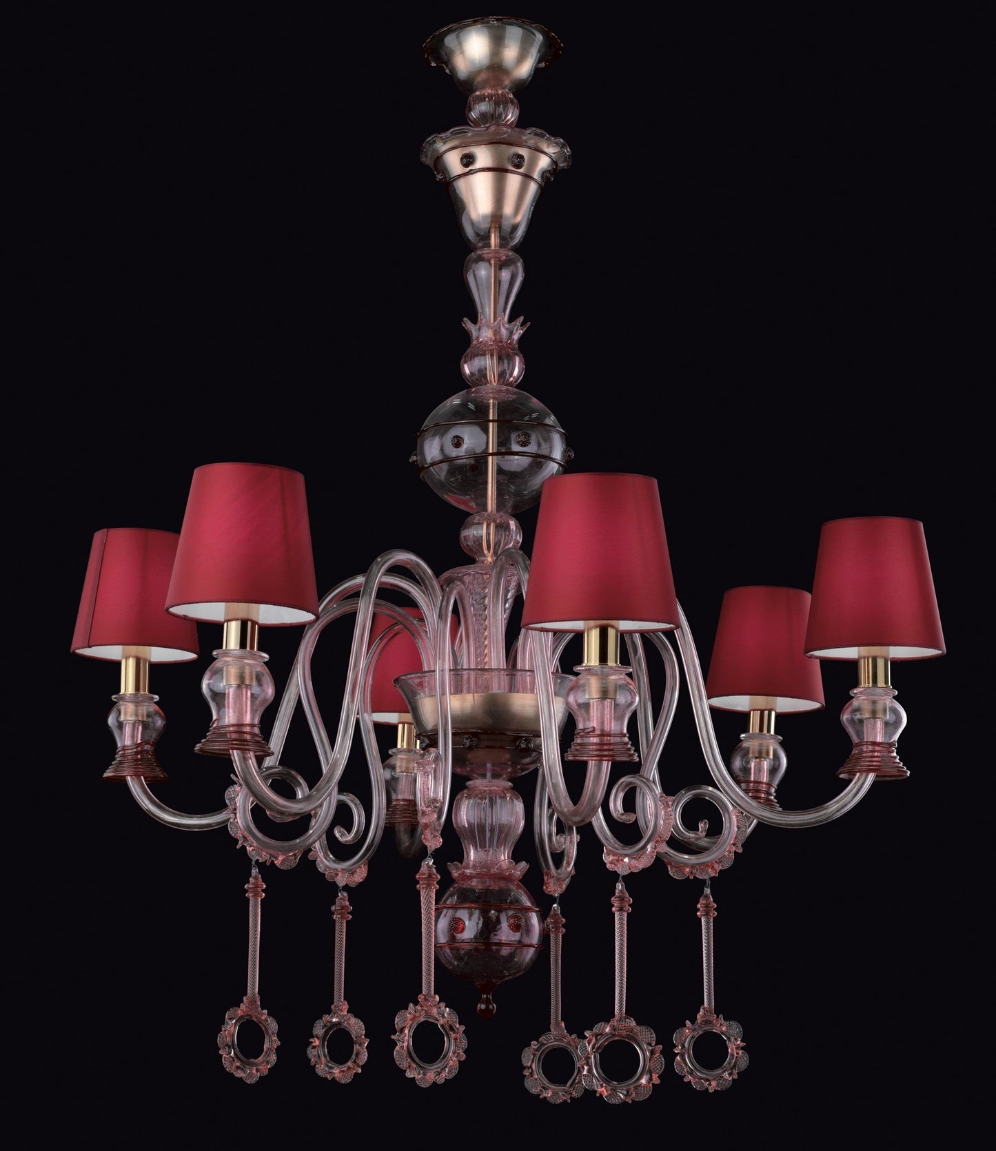 Vetreria Artistica Rosa Duomo 6-Lights Transparent Ruby Pink Base With Red Tapered Drum Shade Glass Chandelier