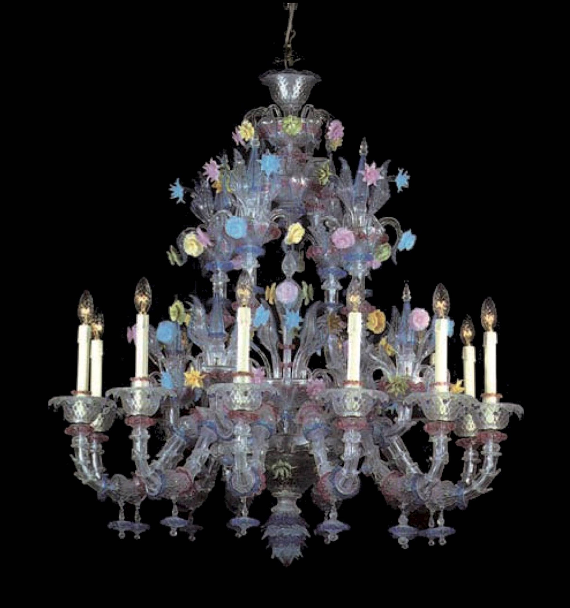 Vetreria Artistica Rosa Fenice 12-Lights Crystal With Multi-Colored Polychrome Flowers Glass Chandelier