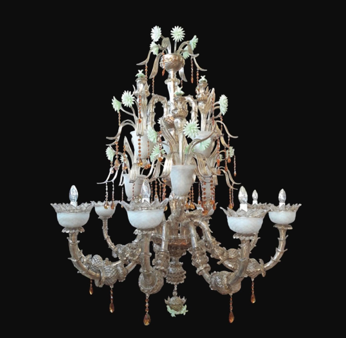Vetreria Artistica Rosa Fenicio 9-Lights Acid Green Paste Flowers And Sandblasted Crystal Cups Glass Chandelier