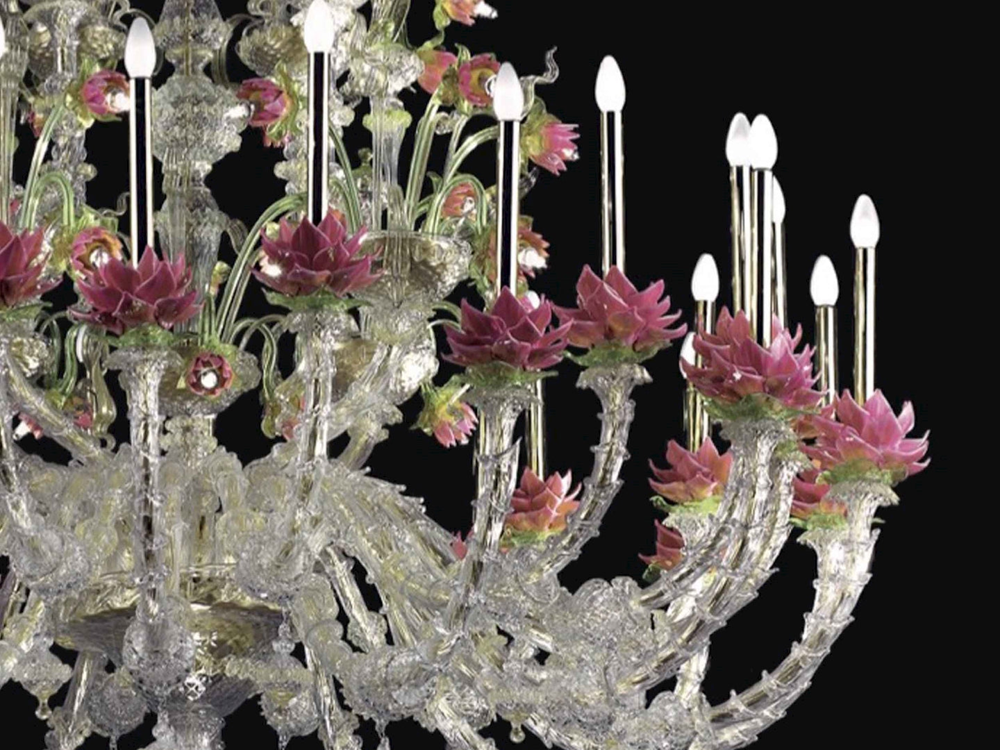 Vetreria Artistica Rosa Fior di loto 24-Lights Pink and Green Murano Glass Chandelier