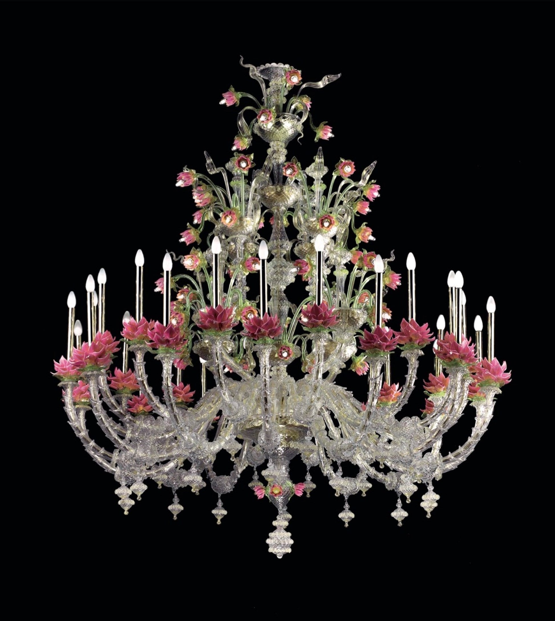 Vetreria Artistica Rosa Fior di loto 24-Lights Pink and Green Murano Glass Chandelier
