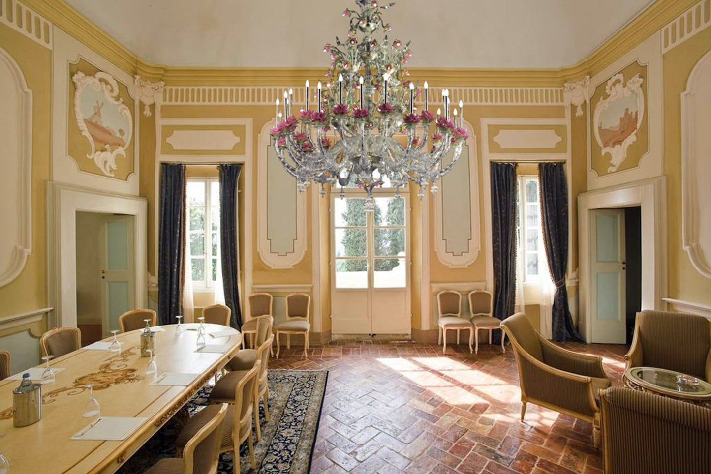Vetreria Artistica Rosa Fior di loto 24-Lights Pink and Green Murano Glass Chandelier