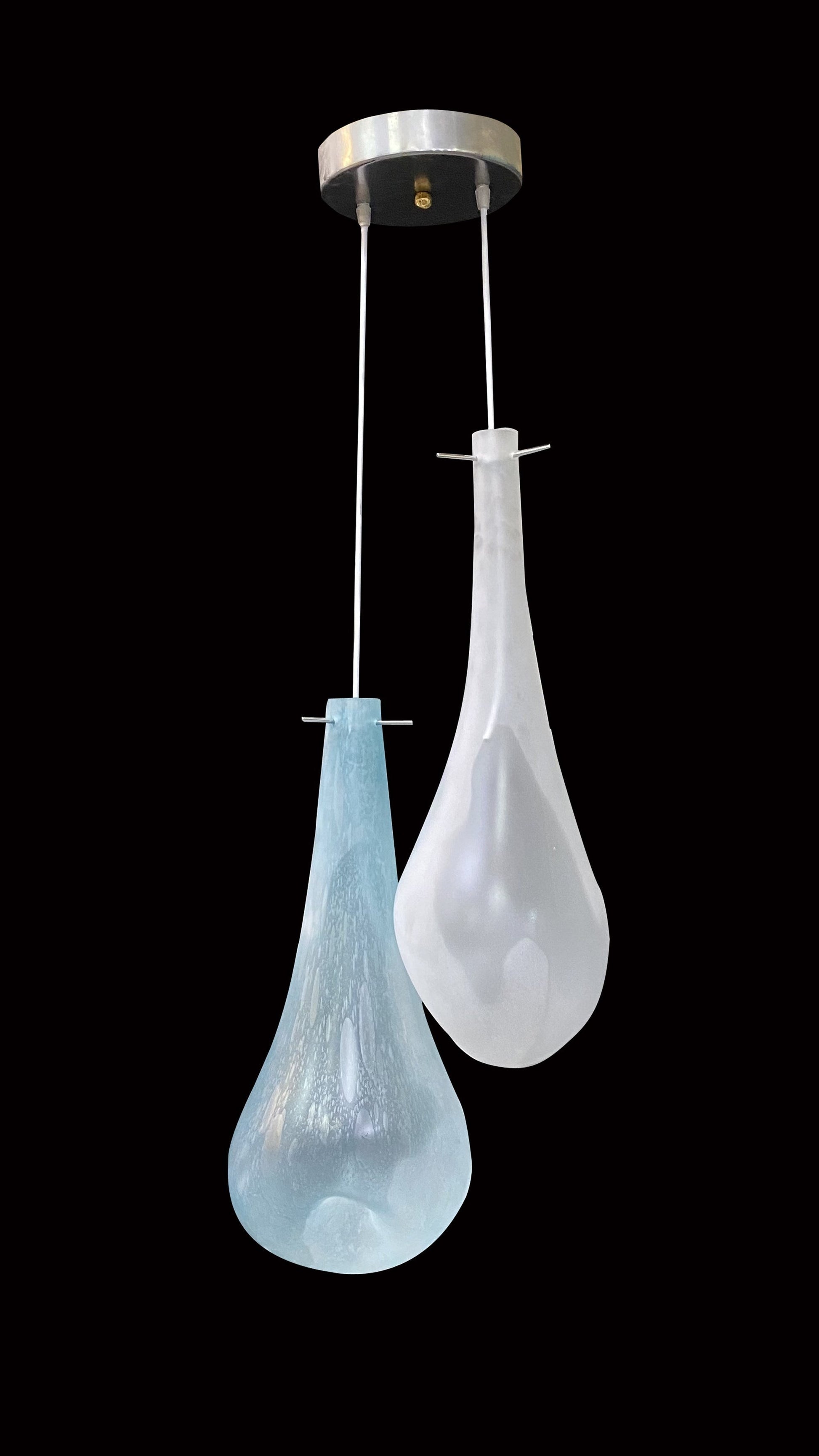 Vetreria Artistica Rosa Fioritura2 39" Two-Petal Crystal and Light Blue Sandblasted Glass Pendant Lighting