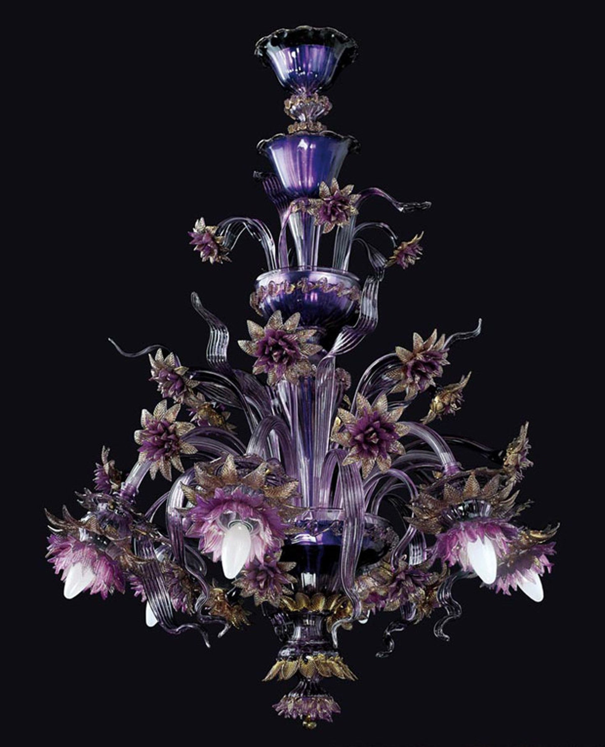 Vetreria Artistica Rosa Floren 6-Lights Amethyst Base and Flower Accent With Gold Details Glass Chandelier