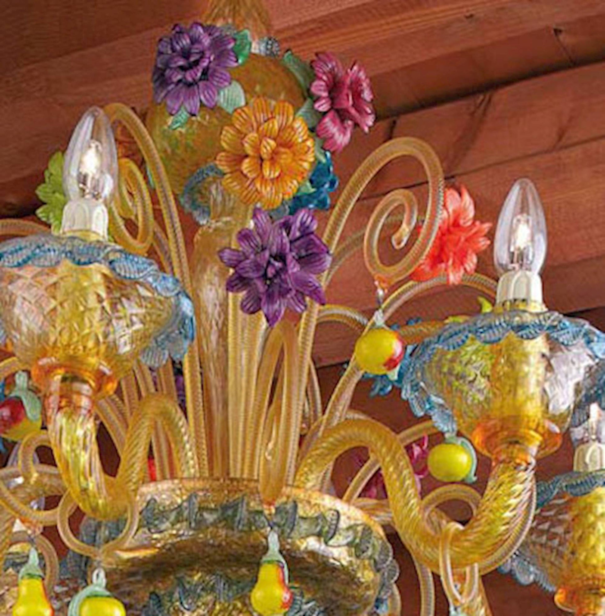 Vetreria Artistica Rosa Fruttino 6-Lights Amber and Blue Color Base With Multi-Colored Flowers and Fruit Accent Glass Chandelier