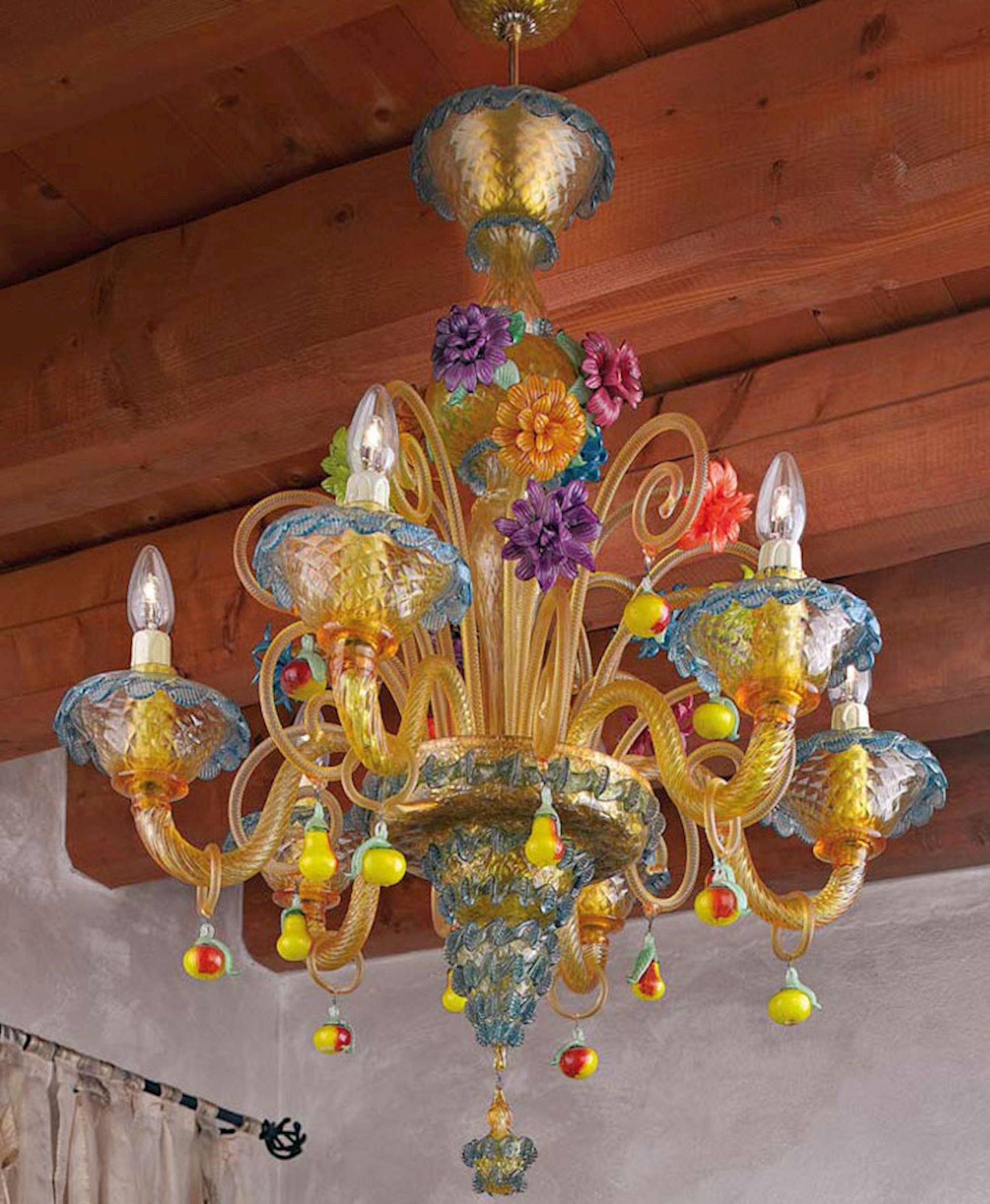 Vetreria Artistica Rosa Fruttino 6-Lights Amber and Blue Color Base With Multi-Colored Flowers and Fruit Accent Glass Chandelier
