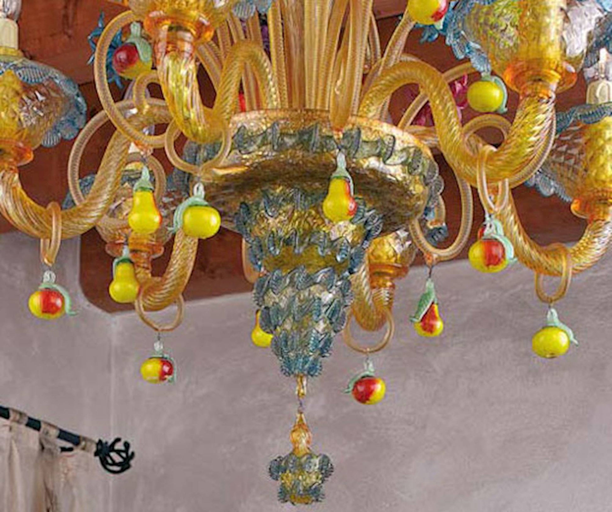 Vetreria Artistica Rosa Fruttino 6-Lights Amber and Blue Color Base With Multi-Colored Flowers and Fruit Accent Glass Chandelier