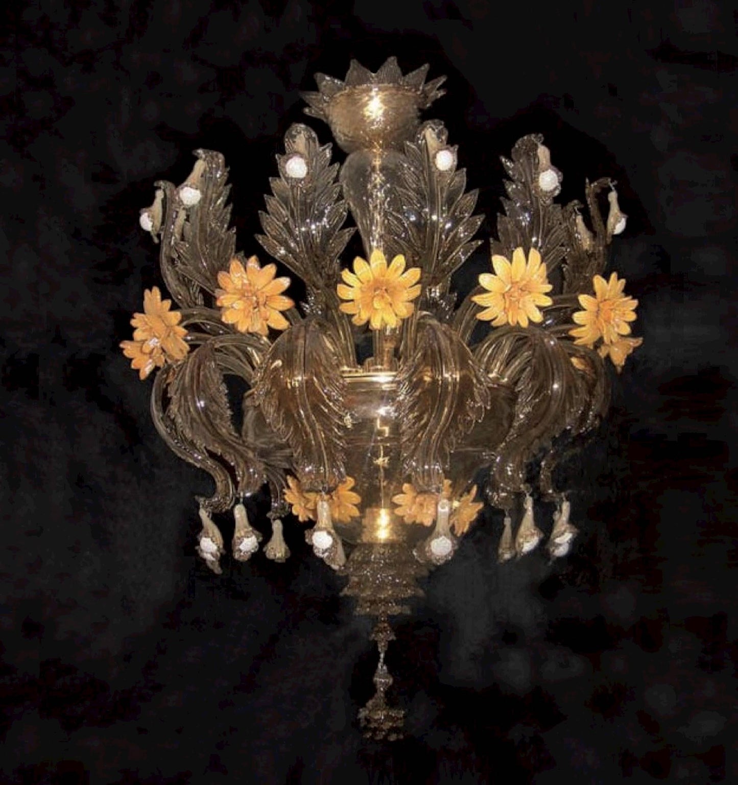 Vetreria Artistica Rosa Giardino Fume 6-Lights Smoky Color Base With Amber Flower Accent Glass Chandelier