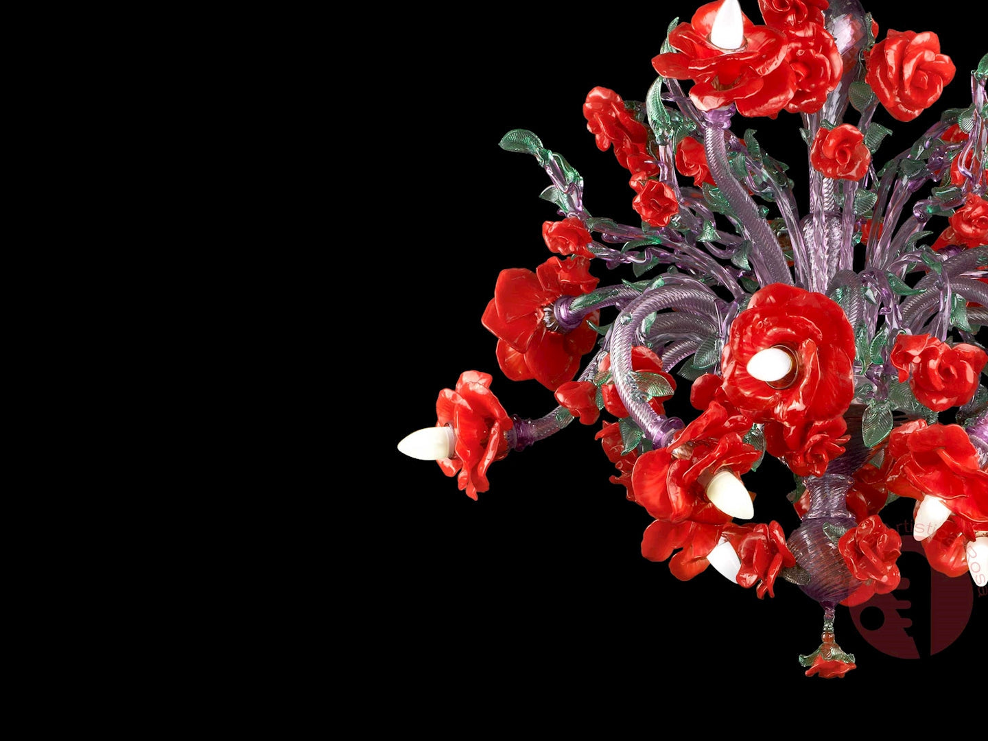 Vetreria Artistica Rosa Gilda 12-Lights Amethyst Crystal Base With Green and Red Flower Accent Glass Chandelier