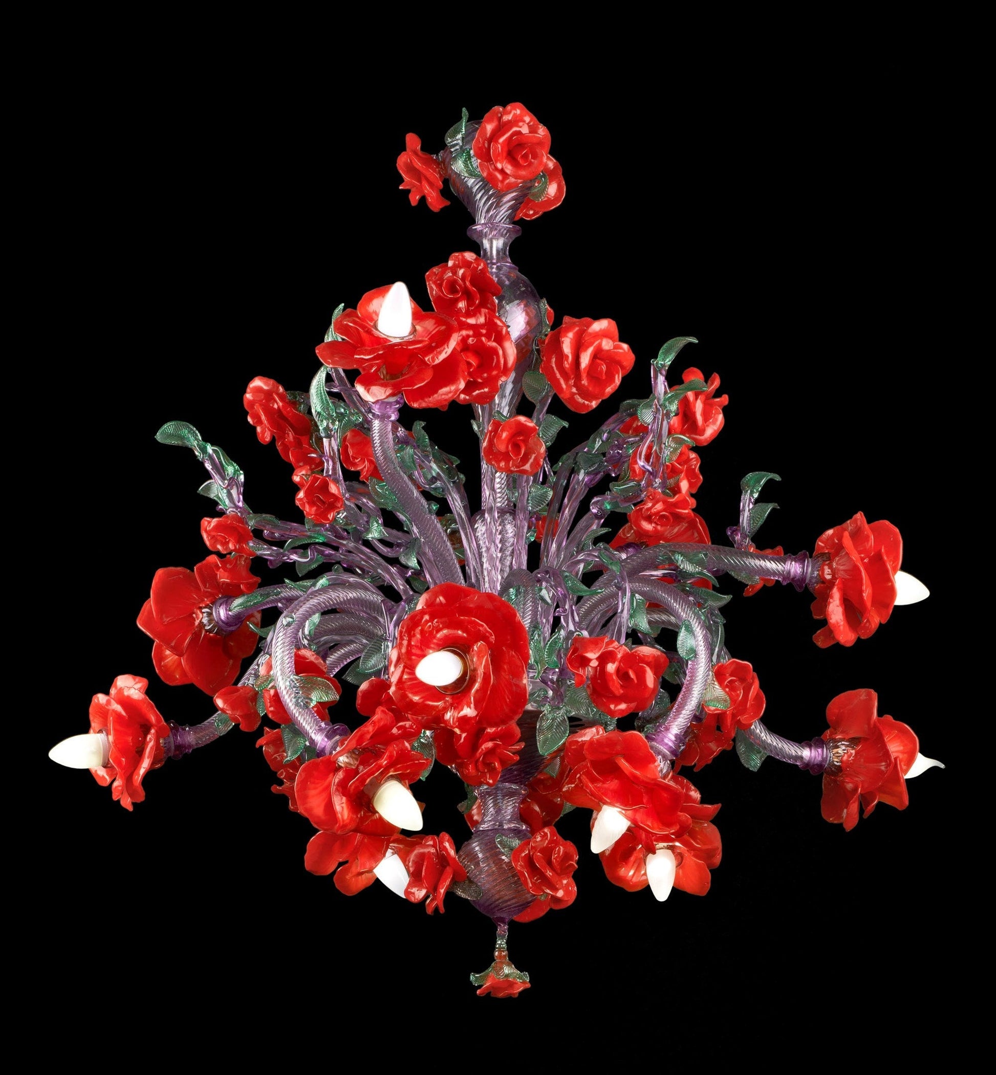 Vetreria Artistica Rosa Gilda 12-Lights Amethyst Crystal Base With Green and Red Flower Accent Glass Chandelier