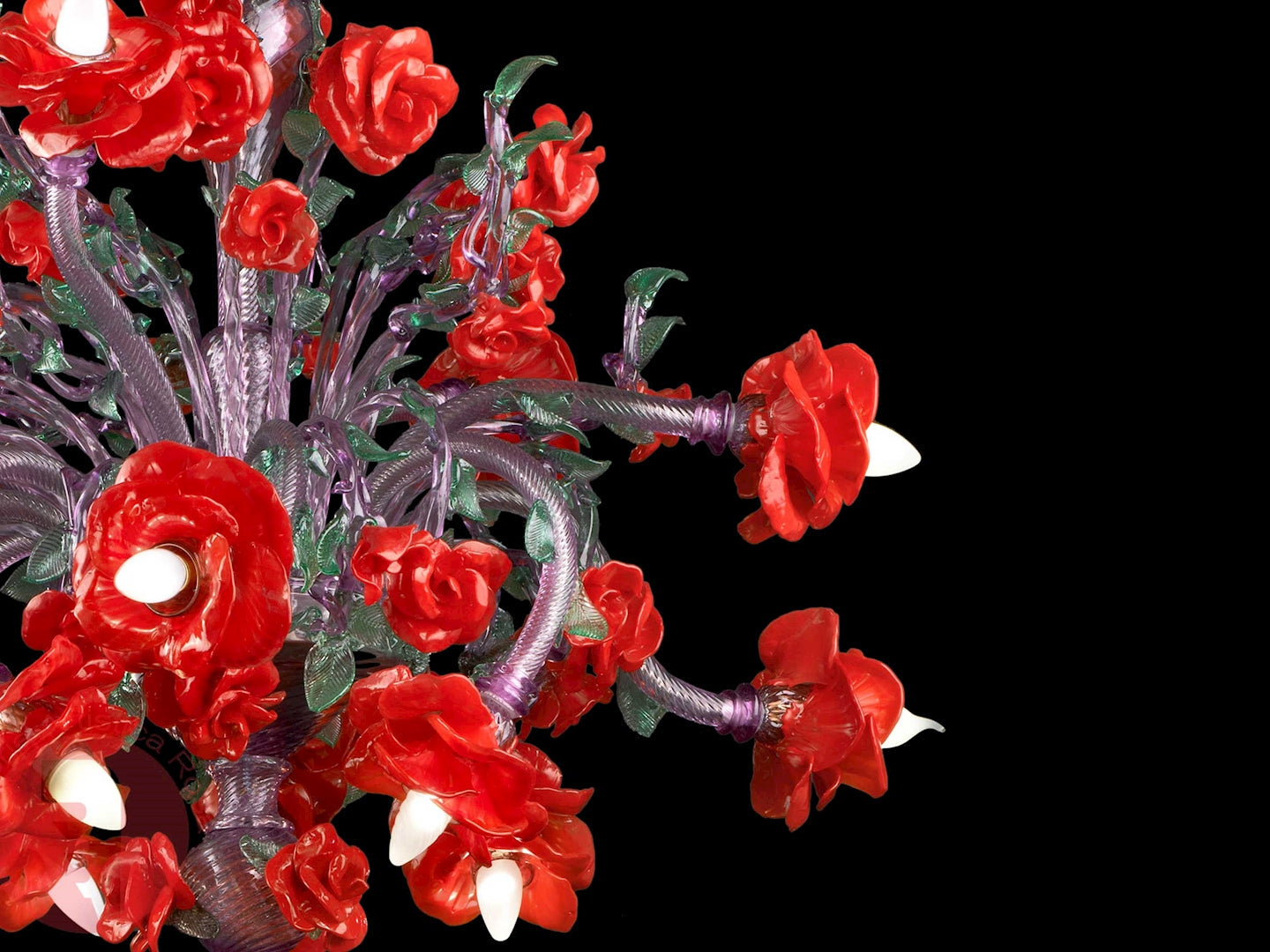 Vetreria Artistica Rosa Gilda 12-Lights Amethyst Crystal Base With Green and Red Flower Accent Glass Chandelier