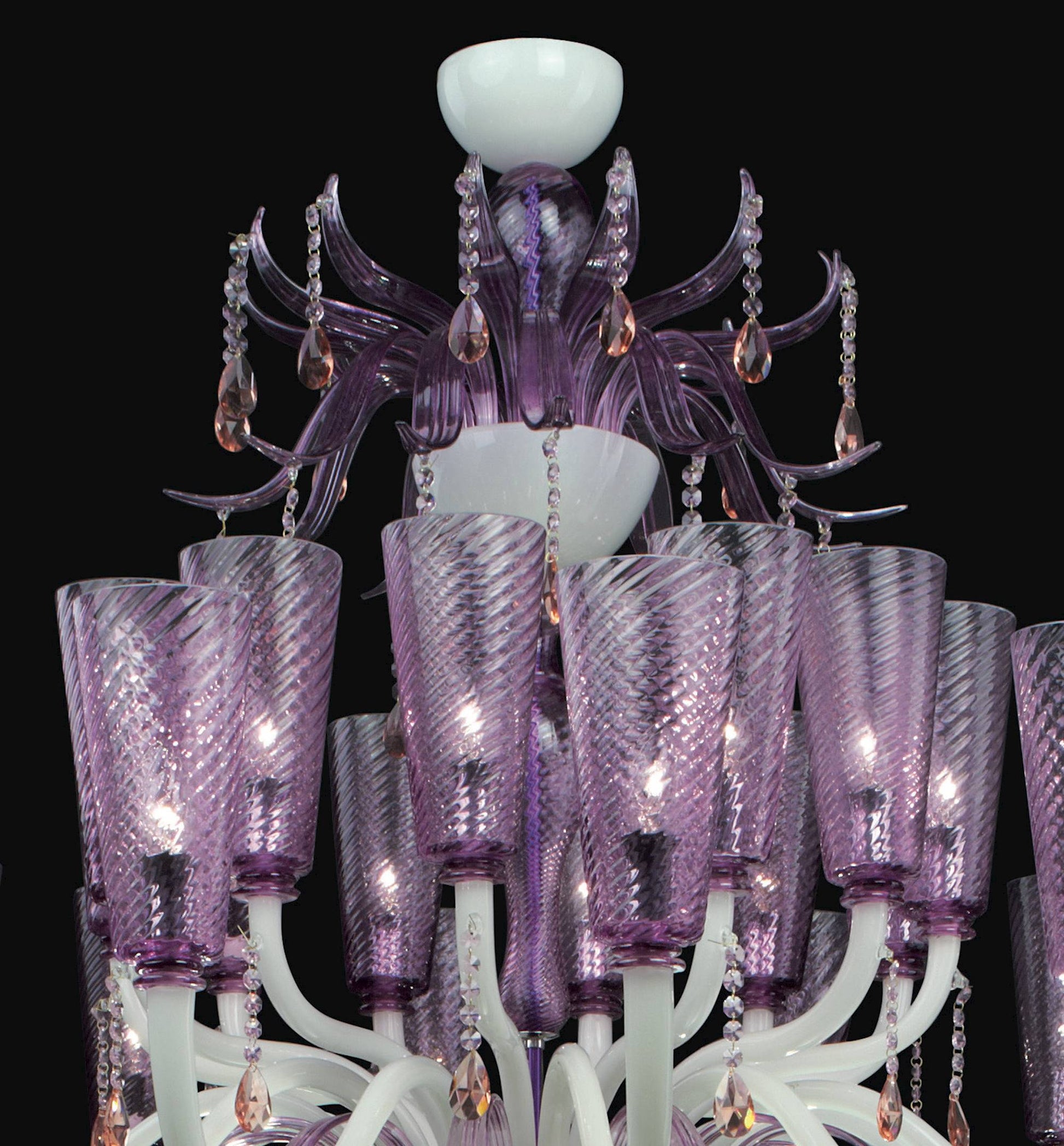 Vetreria Artistica Rosa Glimmer 24-Lights White Pastel Base With Transparent Amethyst Shade Glass Chandelier