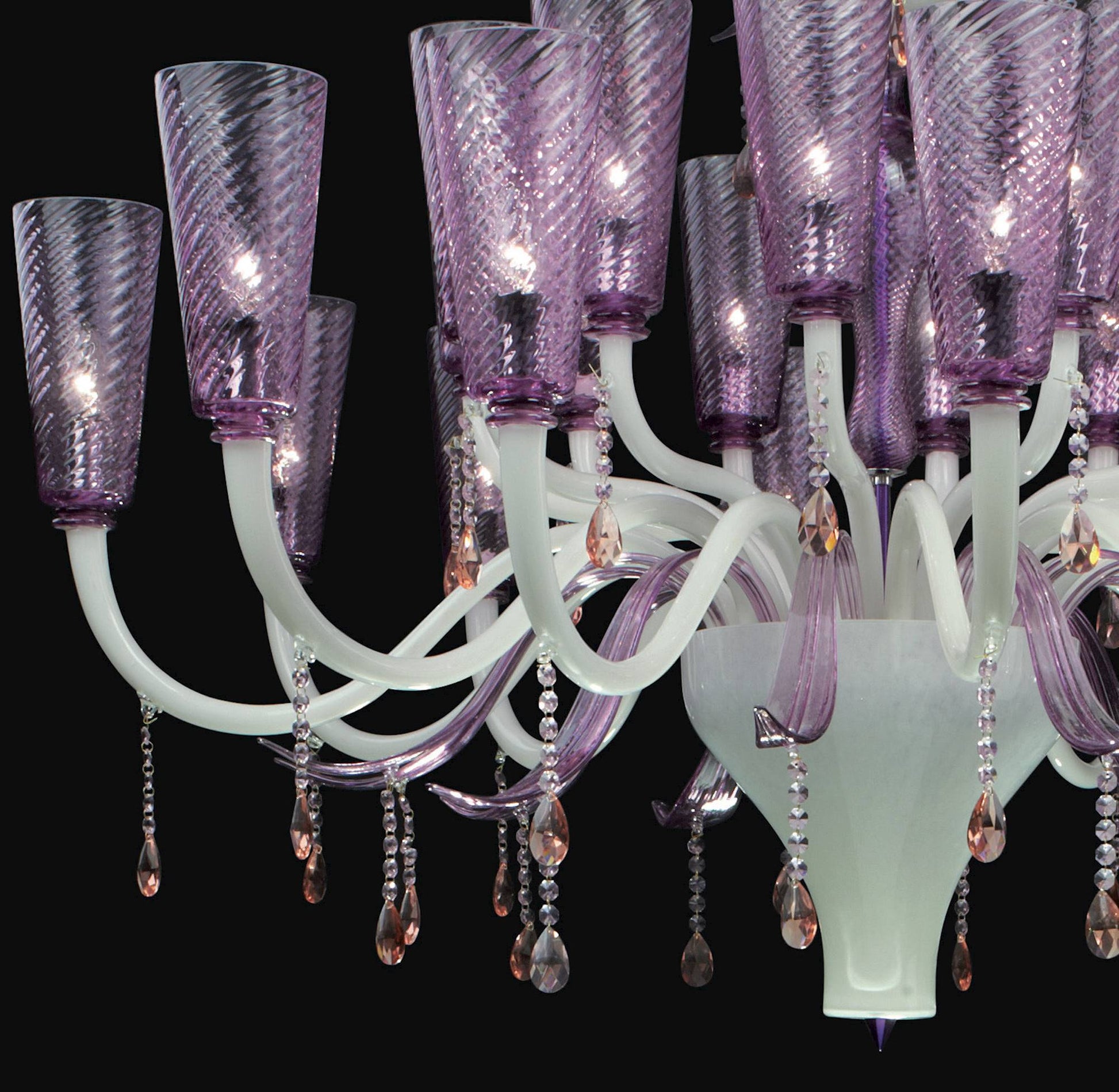 Vetreria Artistica Rosa Glimmer 24-Lights White Pastel Base With Transparent Amethyst Shade Glass Chandelier