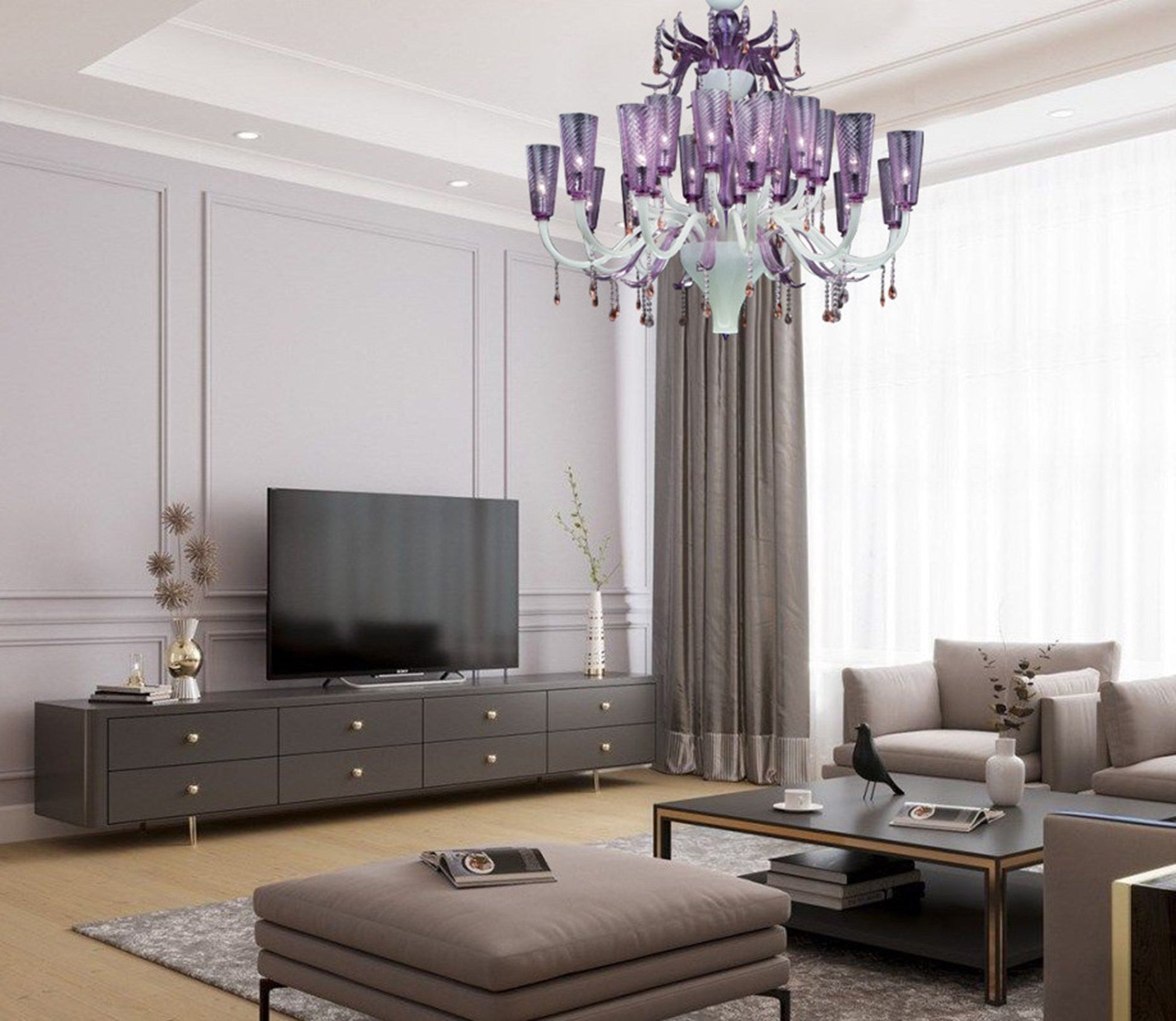 Vetreria Artistica Rosa Glimmer 24-Lights White Pastel Base With Transparent Amethyst Shade Glass Chandelier