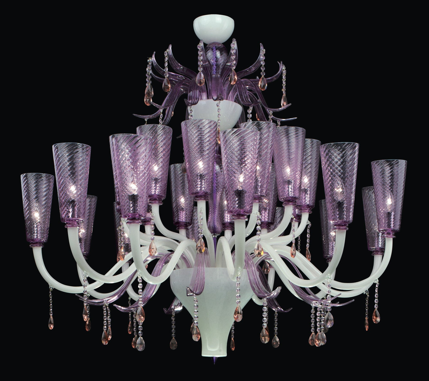 Vetreria Artistica Rosa Glimmer 24-Lights White Pastel Base With Transparent Amethyst Shade Glass Chandelier