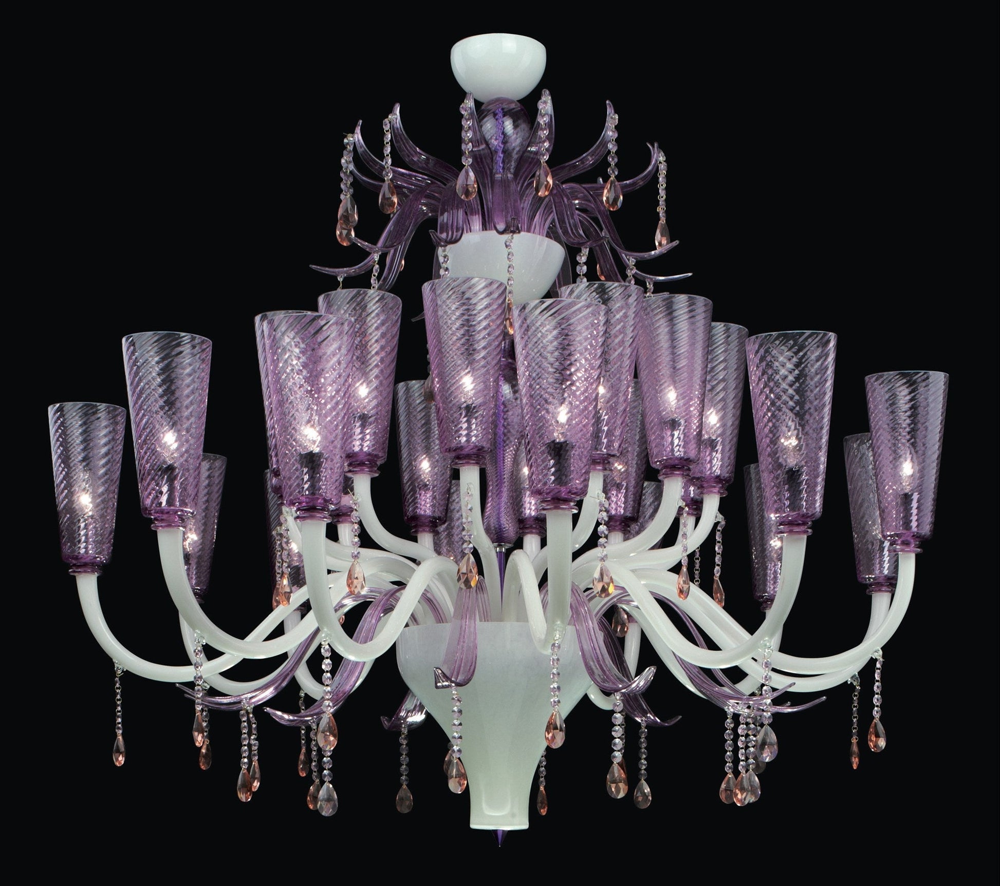 Vetreria Artistica Rosa Glimmer 24-Lights White Pastel Base With Transparent Amethyst Shade Glass Chandelier