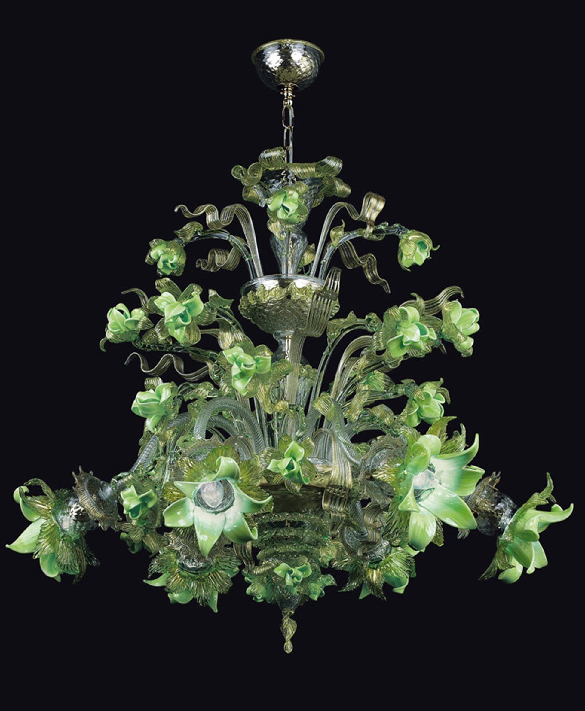Vetreria Artistica Rosa Incanto 6-Lights Green Crystal Base and Green Flower Accent Glass Chandelier