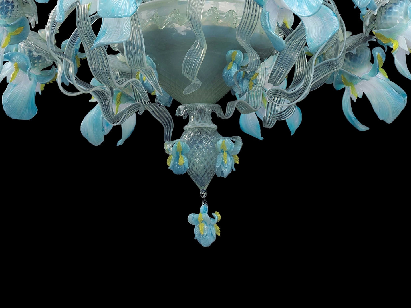 Vetreria Artistica Rosa Iris 8-Lights Opaline Base With Light Blue Flowers and Yellow Finish Glass Chandelier