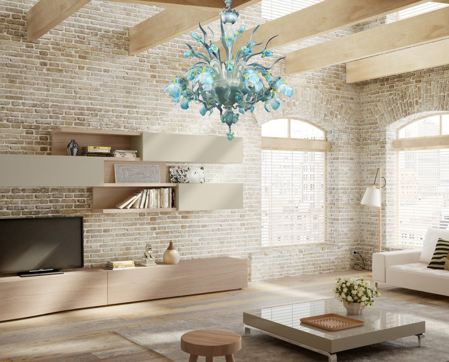 Vetreria Artistica Rosa Iris 8-Lights Opaline Base With Light Blue Flowers and Yellow Finish Glass Chandelier
