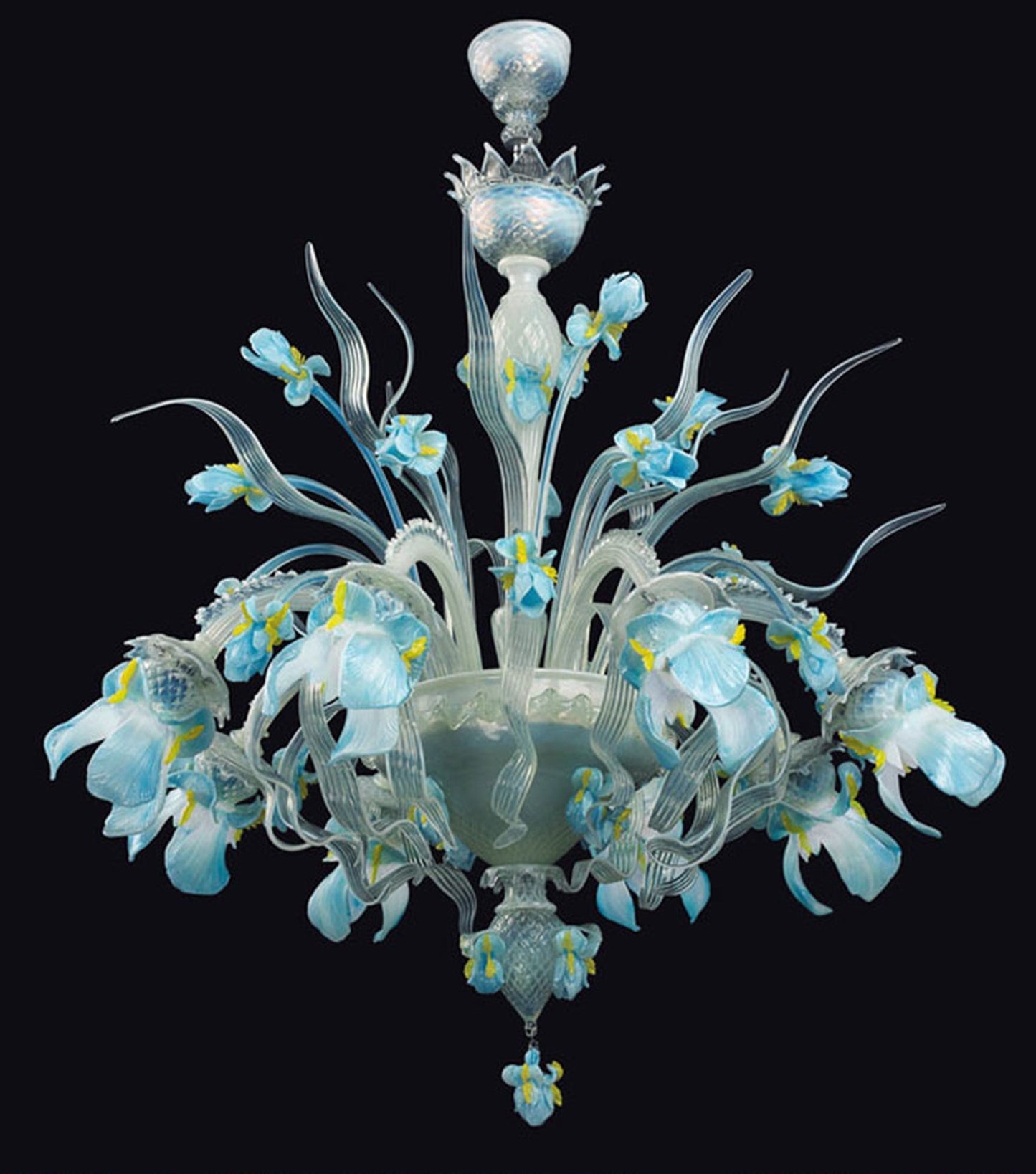 Vetreria Artistica Rosa Iris 8-Lights Opaline Base With Light Blue Flowers and Yellow Finish Glass Chandelier
