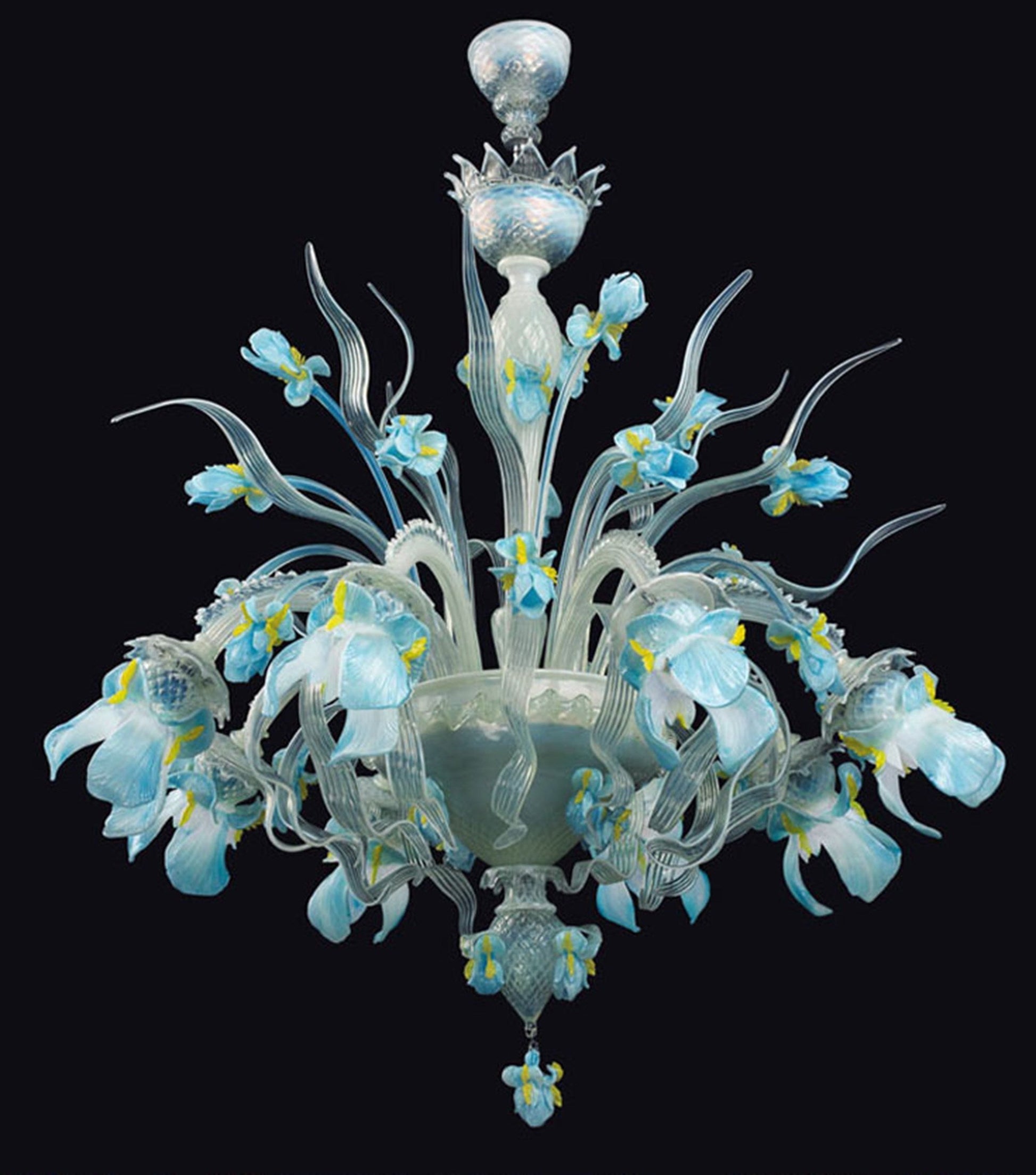Vetreria Artistica Rosa Iris 8-Lights Opaline Base With Light Blue Flowers and Yellow Finish Glass Chandelier