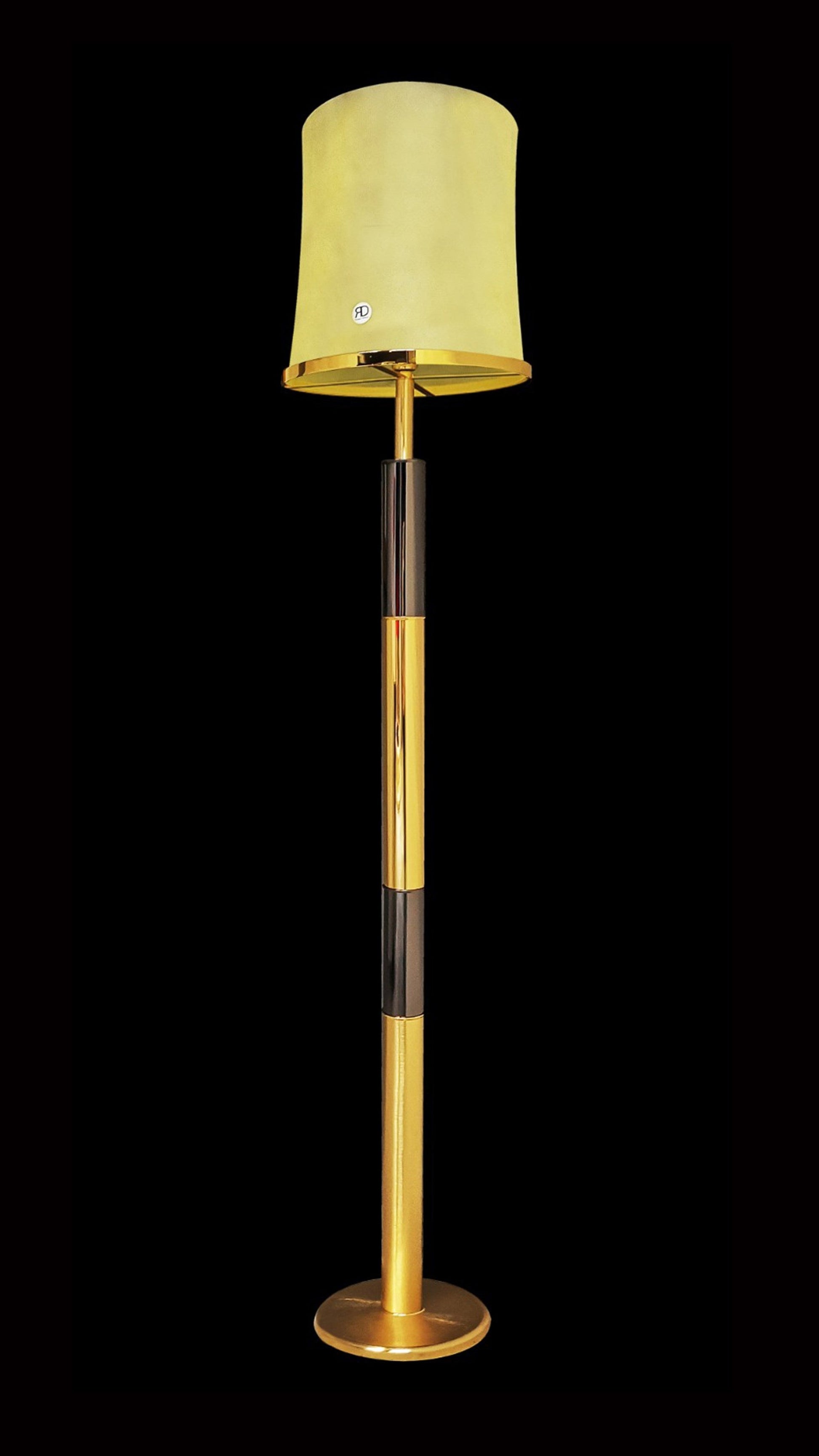 Vetreria Artistica Rosa Lumina 71" Black Chrome and Gold Frame With Satin Gold Tapered Drum Glass Shade Floor Lamp