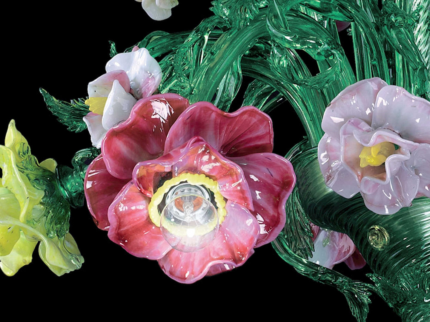 Vetreria Artistica Rosa Malia 6-Lights Green Crystal Base With Polychrome Flowers Glass Chandelier