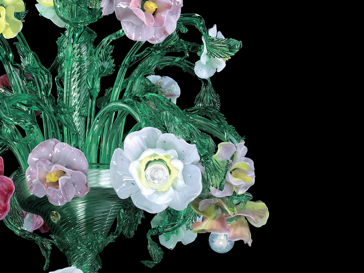 Vetreria Artistica Rosa Malia 6-Lights Green Crystal Base With Polychrome Flowers Glass Chandelier
