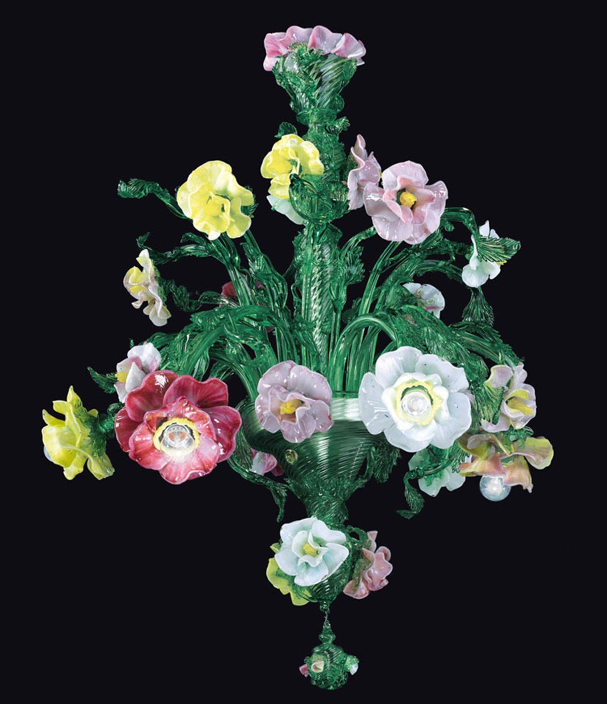 Vetreria Artistica Rosa Malia 6-Lights Green Crystal Base With Polychrome Flowers Glass Chandelier