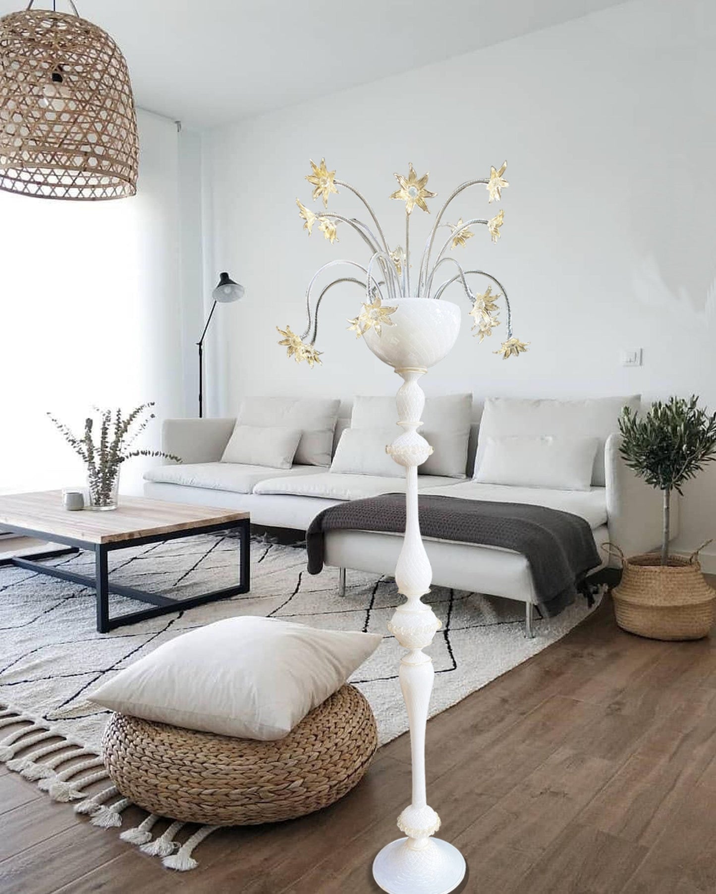 Vetreria Artistica Rosa Margherita 83" White and Gold Pastel Frame With Gold Crystal Flower Accent Glass Floor Lamp