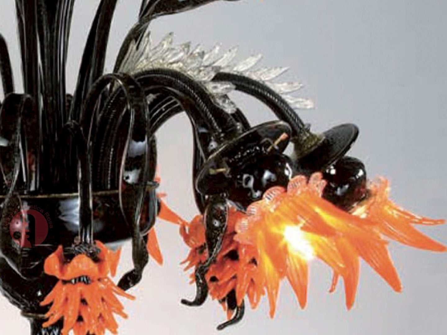Vetreria Artistica Rosa Orange 6-Lights Black Base With Orange and Gold Details Glass Chandelier