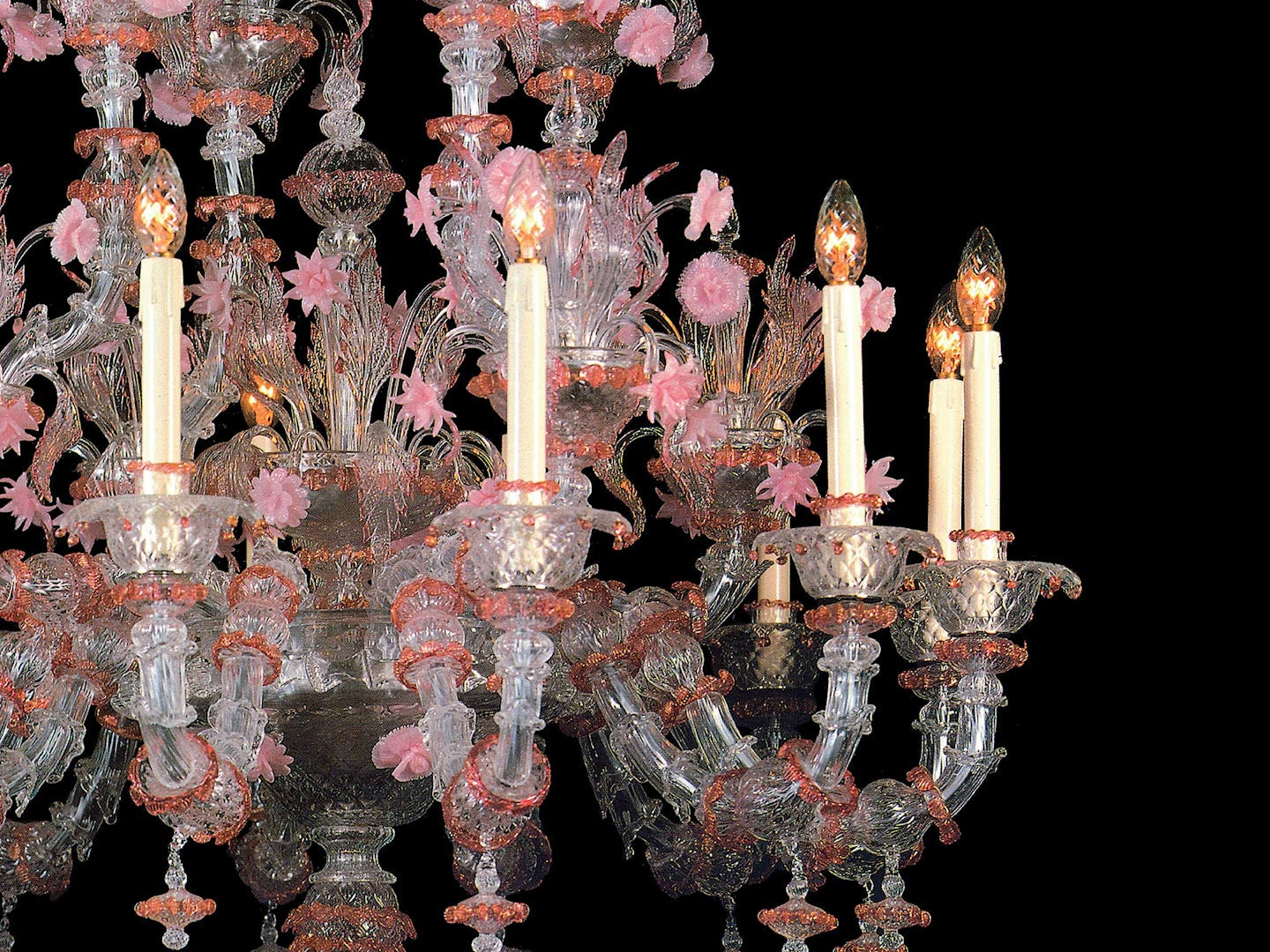 Vetreria Artistica Rosa Perla 12-Lights Crystal Base With Ruby Details And Paste Flowers Glass Chandelier