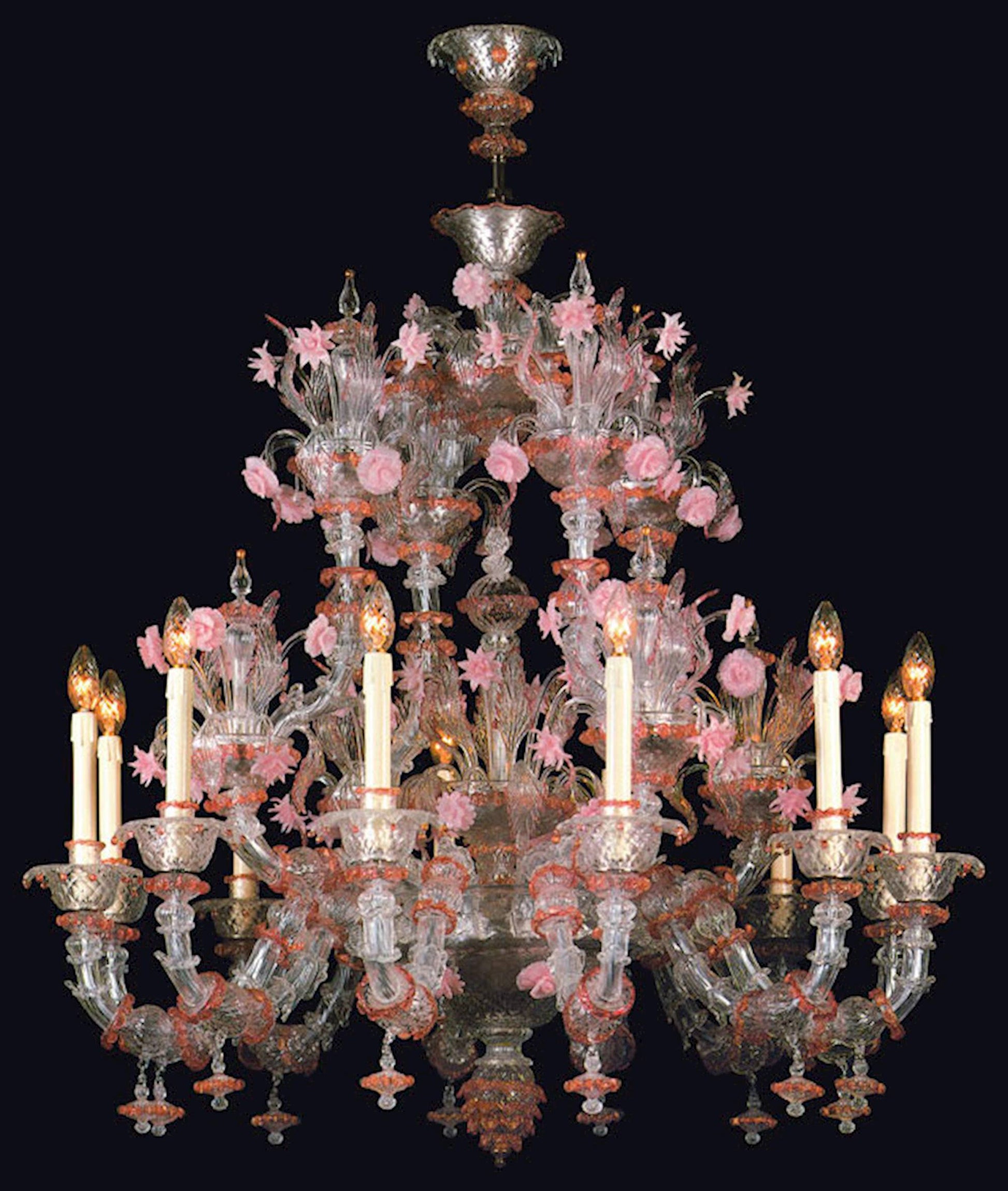 Vetreria Artistica Rosa Perla 12-Lights Crystal Base With Ruby Details And Paste Flowers Glass Chandelier