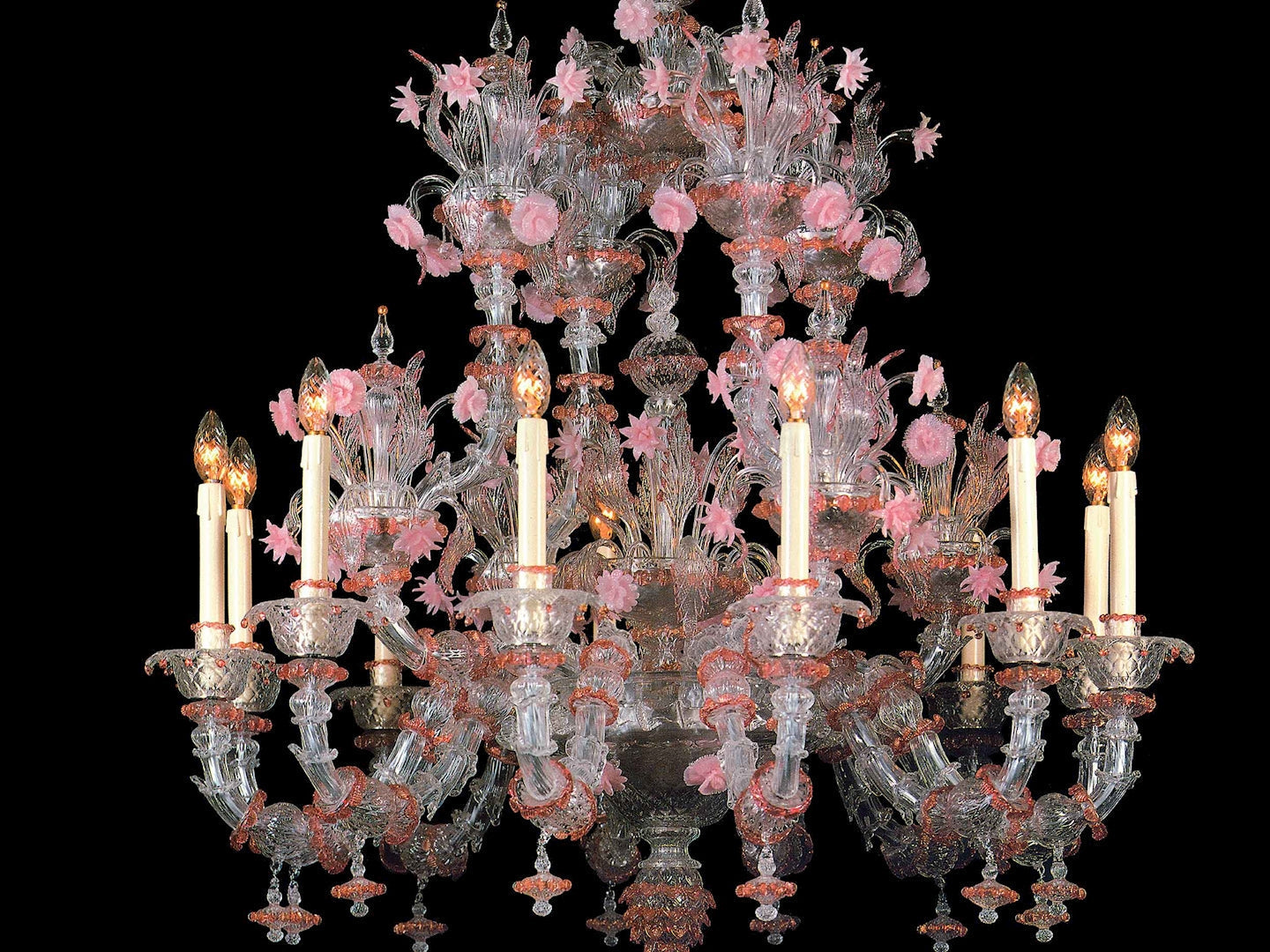 Vetreria Artistica Rosa Perla 12-Lights Crystal Base With Ruby Details And Paste Flowers Glass Chandelier