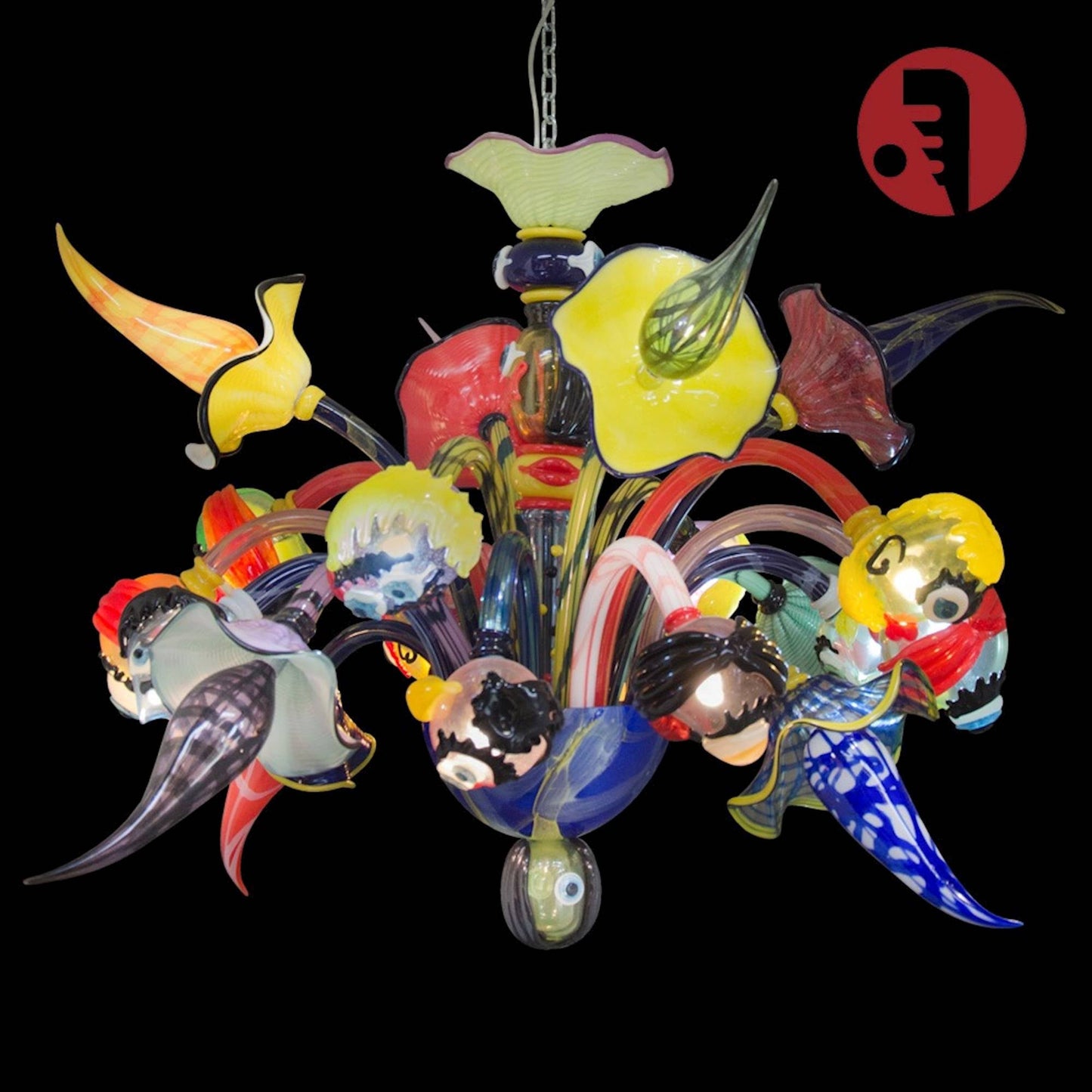 Vetreria Artistica Rosa Picassiano 12-Lights Multi-Colored Dynamic and Particular Shapes Glass Chandelier