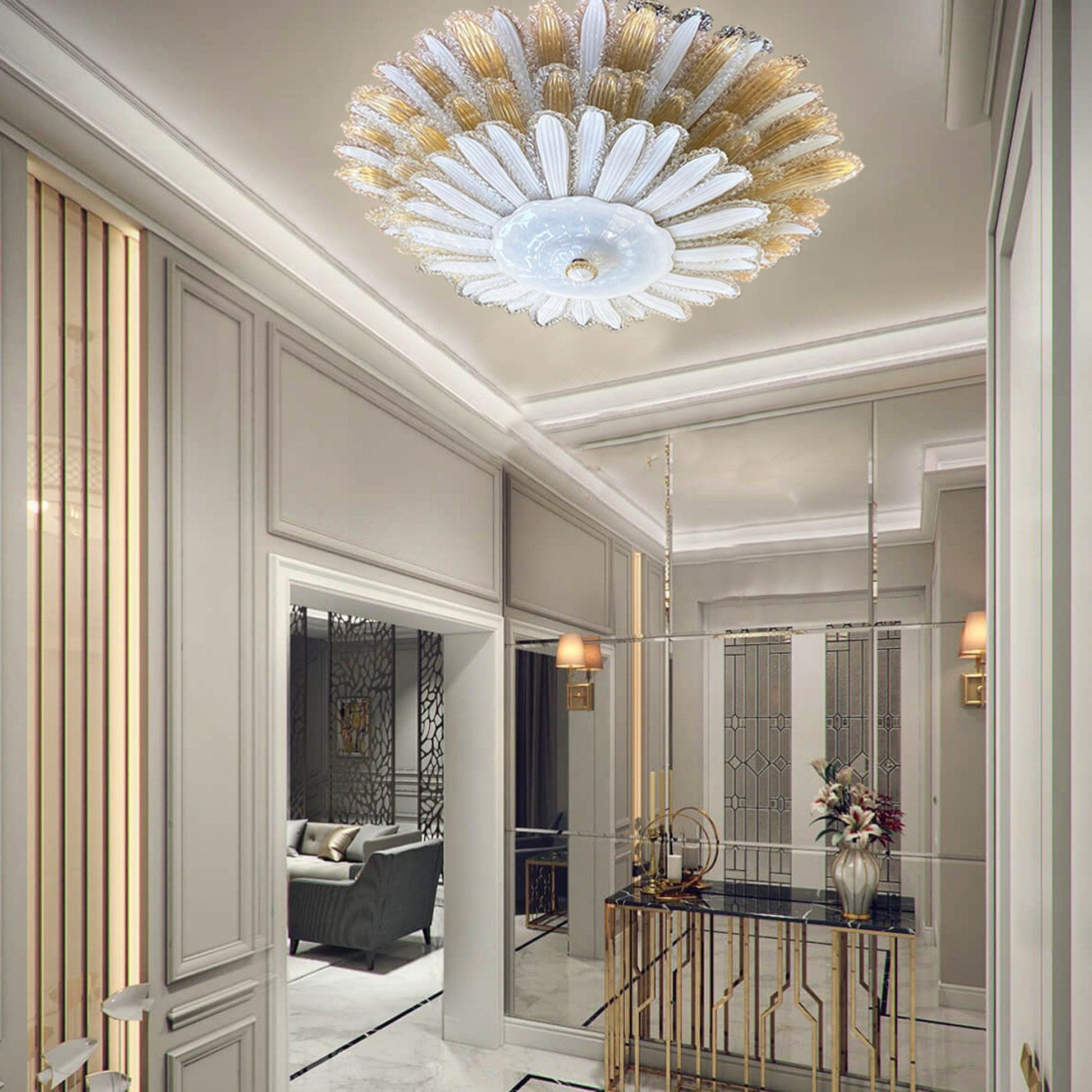 Vetreria Artistica Rosa Plafoneria White-Gold 100-Lights White and Gold Glass Flush Mount