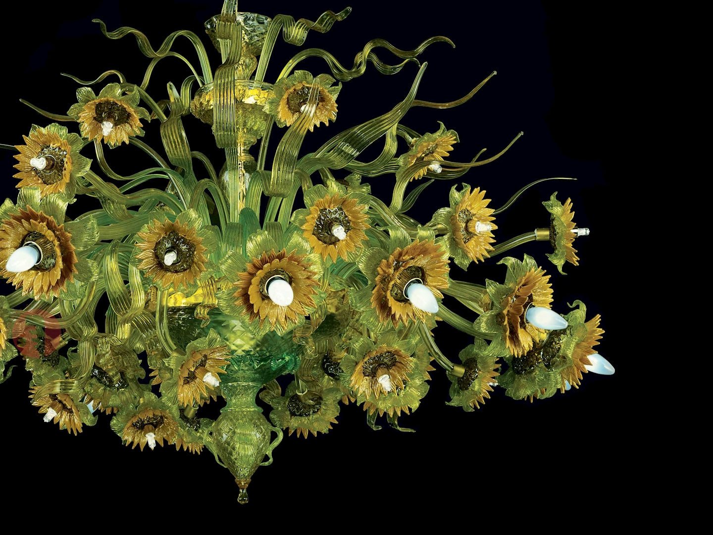 Vetreria Artistica Rosa Plafoniera Girasole 36-Lights Green Crystal Base With Orange and Yellow Flower Accent Glass Chandelier