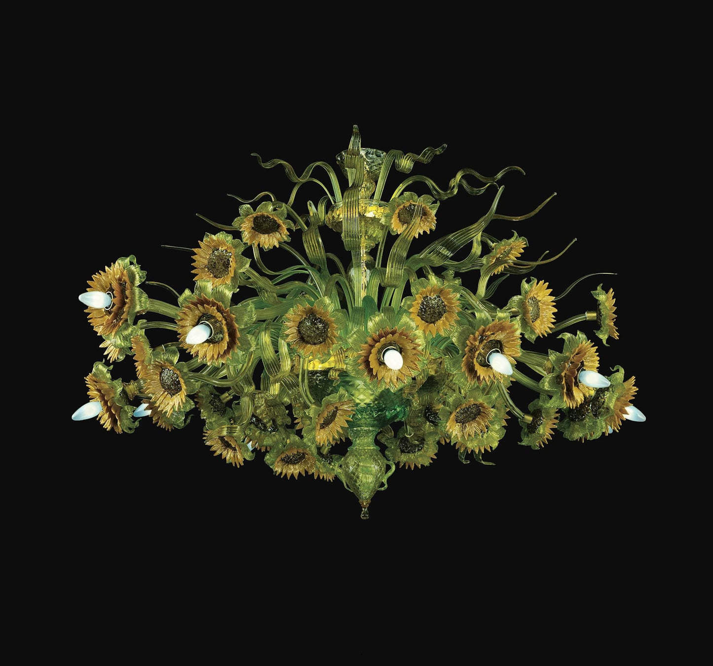 Vetreria Artistica Rosa Plafoniera Girasole 36-Lights Green Crystal Base With Orange and Yellow Flower Accent Glass Chandelier